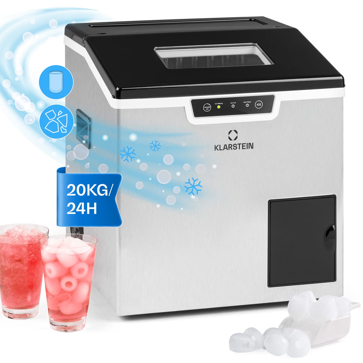 Klarstein 3L Ice Maker Machine for Home - Fast Crushed or Ball Ice Production up to 20kg - Self-Cleaning with Safety Alarm - Perfect for Cocktails, Parties & Kitchen Use