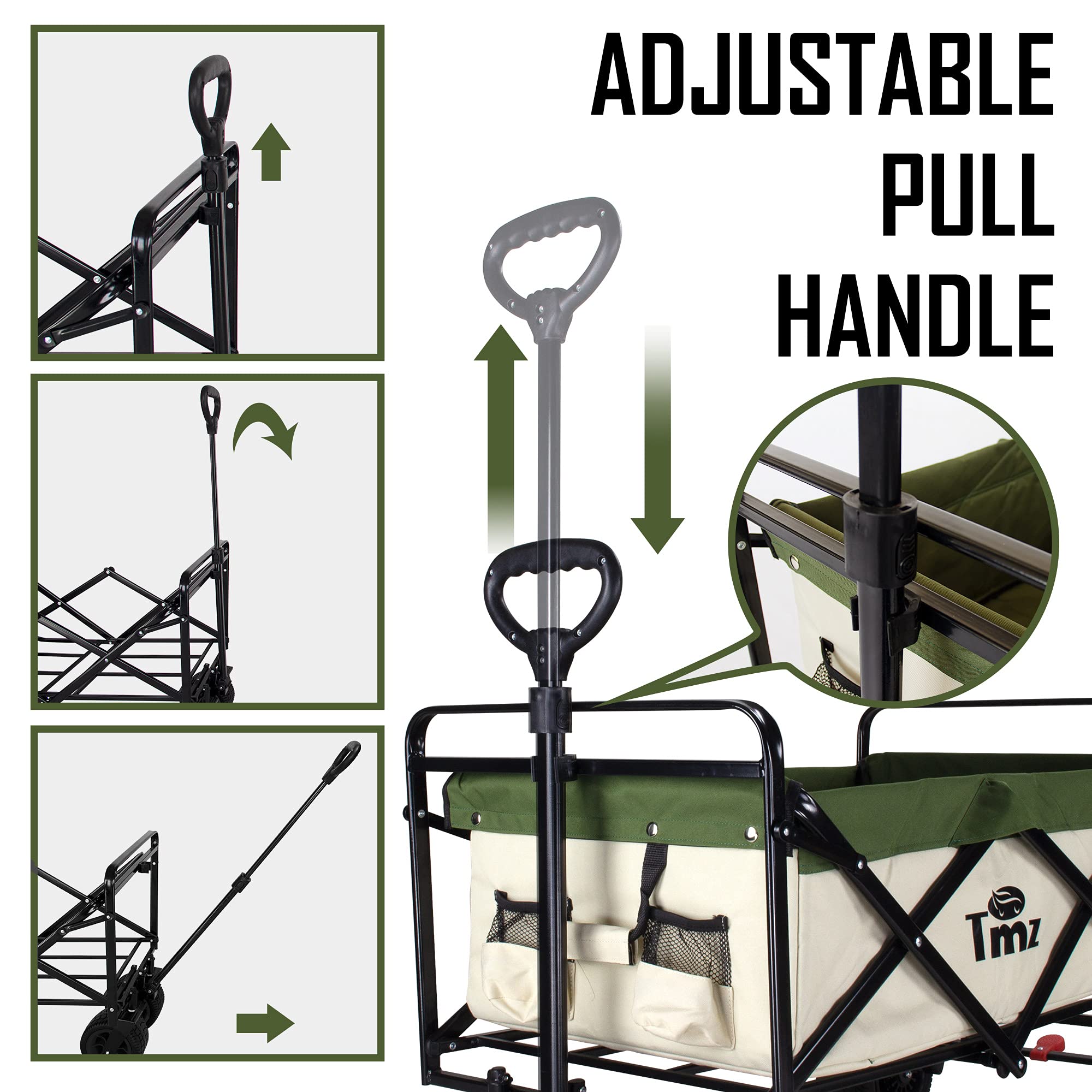 TMZ Heavy Duty Folding Wagon Cart with Removable Table - Collapsible Beach Utility Cart for Camping, Grocery Shopping, Picnics & Outdoor Activities (Beige/Green) - Perfect for Beach Trips, Tailgating & Farmers Market Use