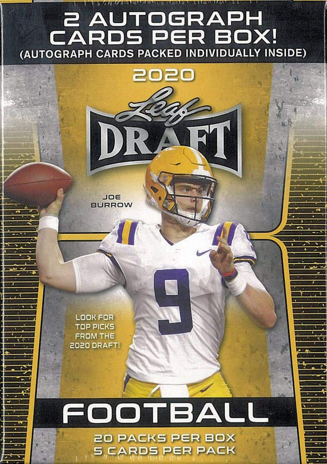 2020 Leaf Draft Football RETAIL Box - 20 Packs, 100 Cards Total + 2 Autograph Cards - Perfect for Collectors, Fantasy Sports & NFL Fans