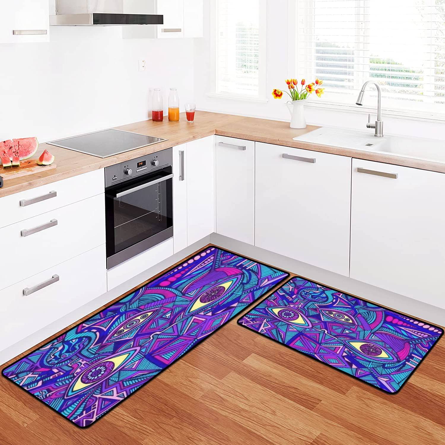 Funny Psychedelic Shamanic Eyes Cartoon Kitchen Rugs Set - Non-Slip Washable Floor Mats for Kitchen, Bathroom & Entryway - Colorful Crazy Pattern Decor for Comfortable Standing & Home Decor