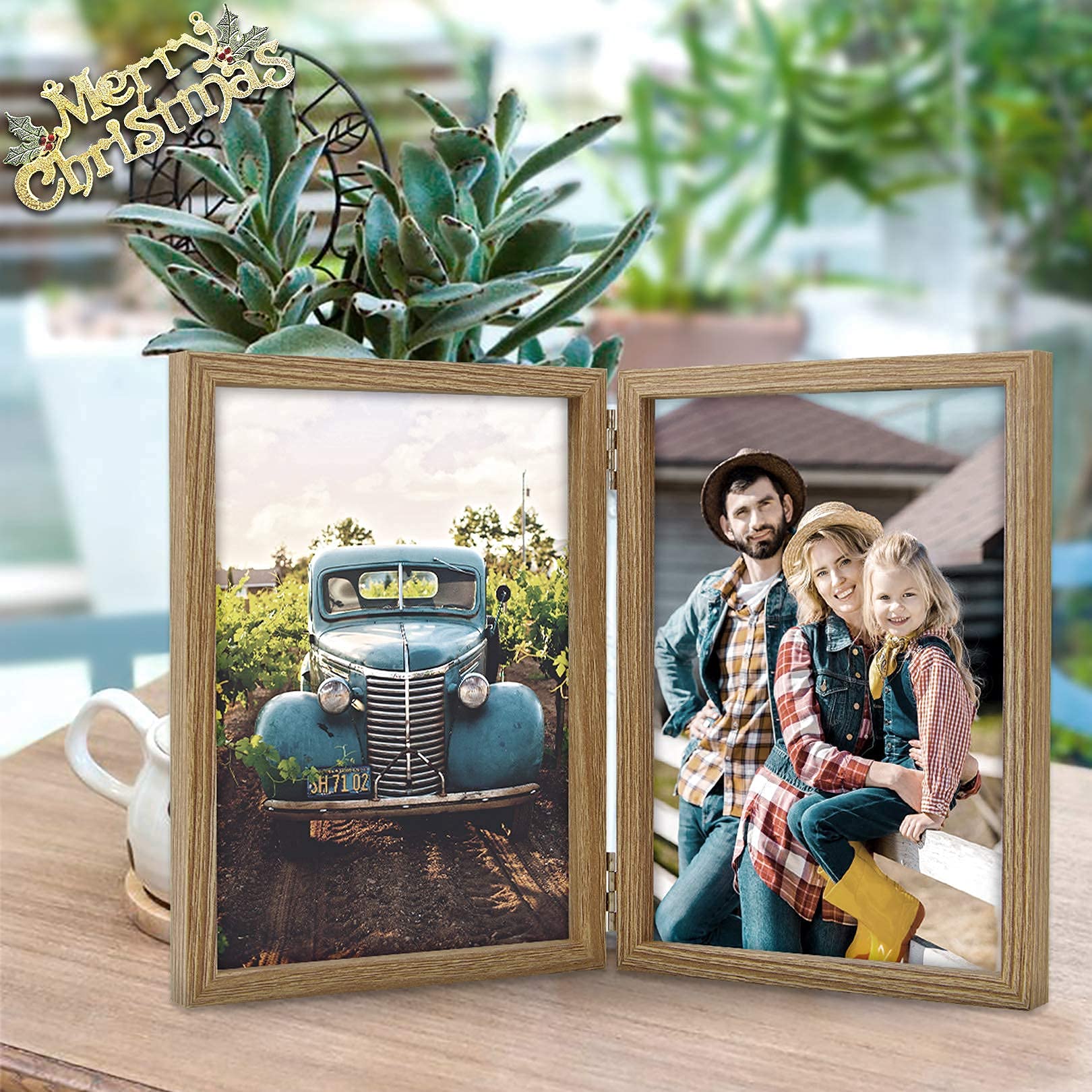AEVETE 5x7 Double Hinged Wood Picture Frame - Vertical Display with Real Glass Front - Perfect for Wedding Photos, Family Portraits & Home Decor