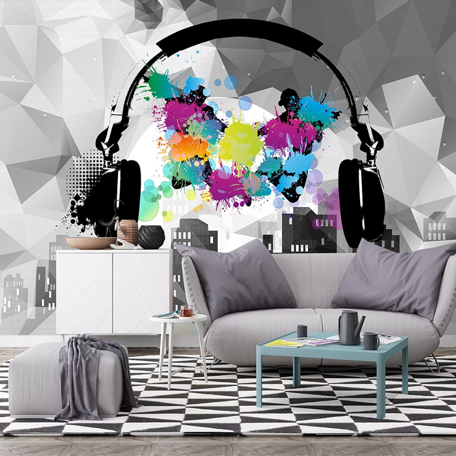 3D Headset Music Photo Mural Wallpaper - Fashion Graffiti Art Poster Painting for Dining Room, Bedroom & Living Room - TV Background Wall Decor 169.3