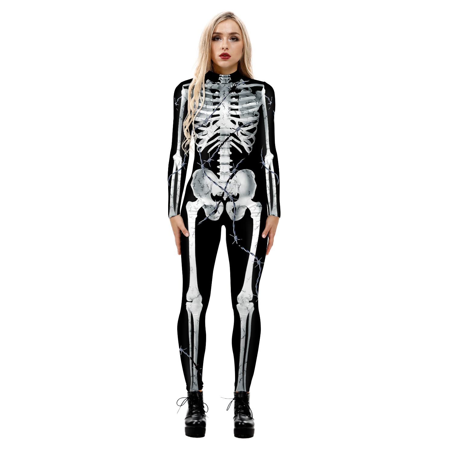 Women's Skeleton Print Long Sleeve Jumpsuit Halloween Costume - Gothic Cosplay Outfit for Women, Couples & Family Matching Halloween Party, Trick or Treat, Costume Contest