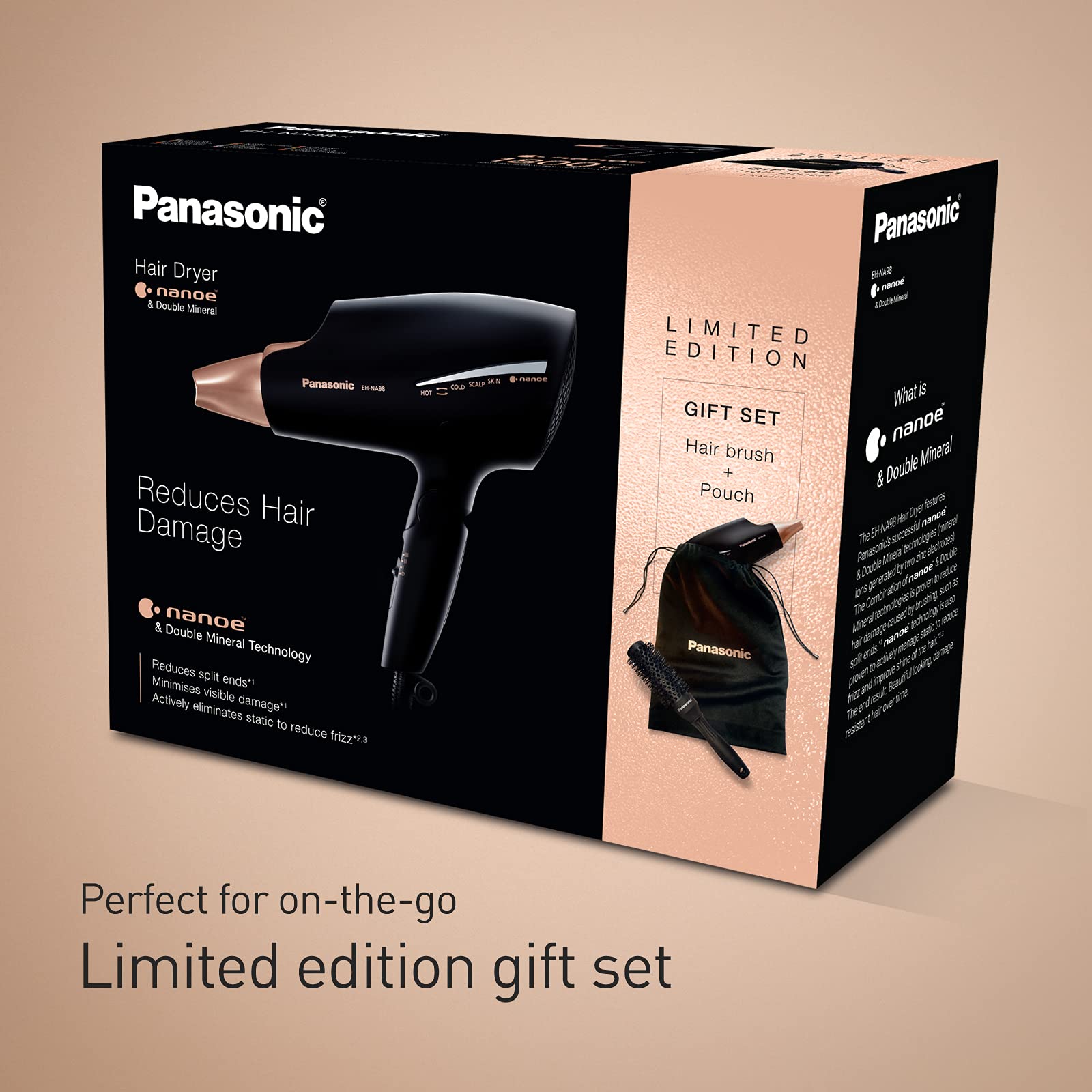 Panasonic EH-NA98 Nanoe Hair Dryer with Double Mineral Technology - Folding Travel Hair Dryer for Damaged Hair, Reduces Frizz & Split Ends - Includes Styling Nozzle, Hair Brush & Travel Pouch - Perfect for Home Use, Salon Styling & Holiday Gifts