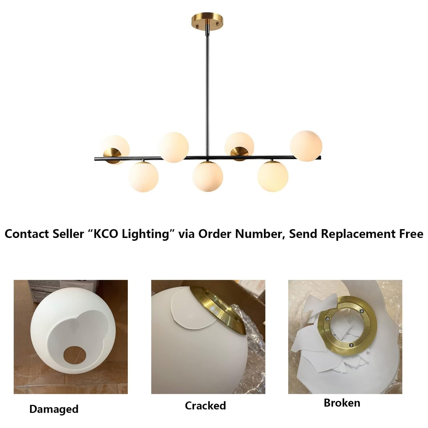 KCO Lighting Black and Brass Linear Pendant Light - Mid Century Modern Sputnik Chandelier with 7 Milk Glass Globes - Kitchen Island Lighting for Dining Room, Living Room & Bedroom - Perfect for Modern Home Decor and Restaurant Ambiance