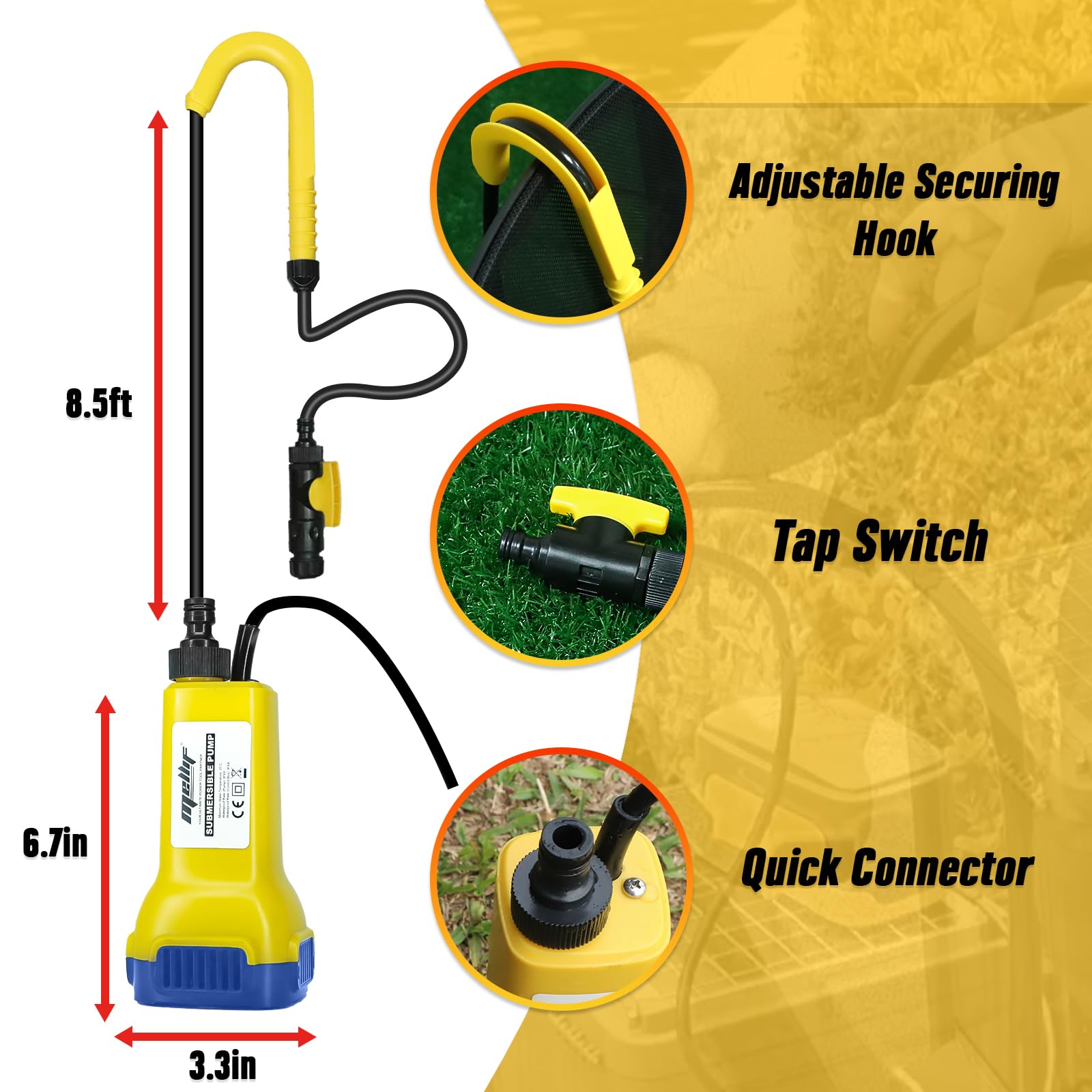 **Mellif 80W Cordless Submersible Water Pump - Compatible with Dewalt 20V Battery, 475GPH Portable Utility Pump for Rain Barrel, Pool, Garden Pond, Basement - Ideal for Water Transfer, Drainage & Emergency Flooding (Tool Only)**