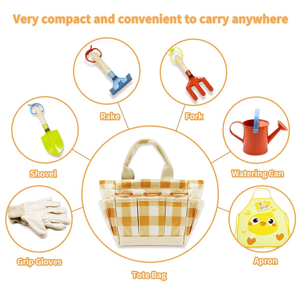 7 PCS Kids Gardening Tools Set with Tote Bag, Rake, Fork, Shovels, Apron, Gloves & Watering Can - Gardening Kit for Toddlers Ages 3-8 - Perfect Gift for Outdoor Play, Preschool Learning & Family Gardening Activities