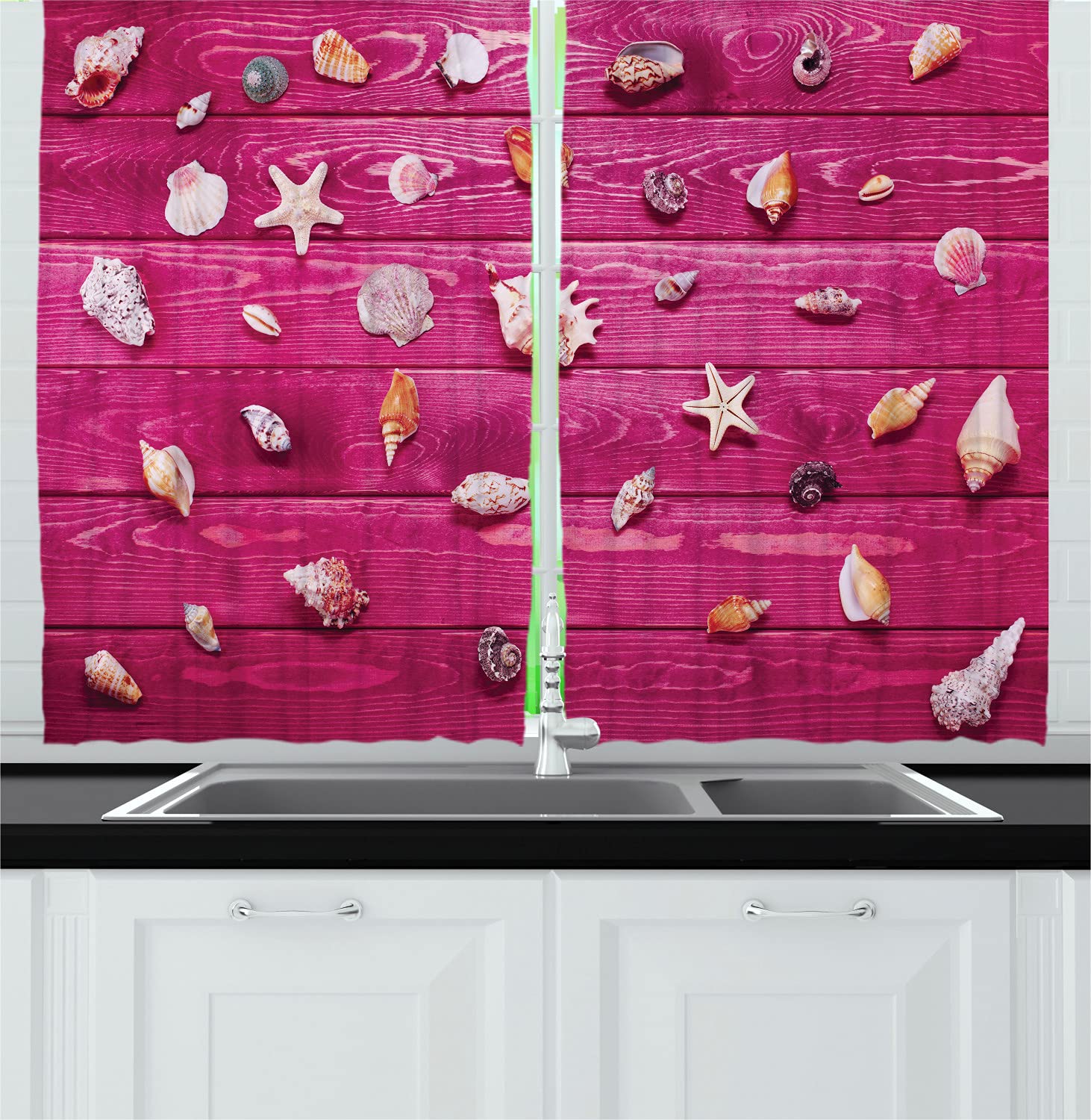 Ambesonne Rustic Long Kitchen Curtains - Vintage Marine Coastal Theme with Seashells, 2 Panel Rod Pocket Drapes 55x45 Inches, Cream & Fuchsia - Perfect for Beach House, Cottage or Coastal Style Kitchen Decor