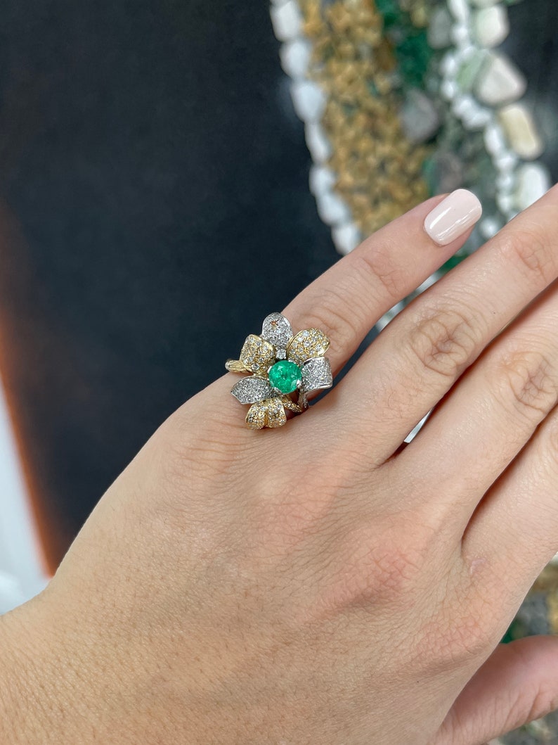 1.75tcw 14K Gold Round Cut Cluster Floral Cocktail Ring with Emerald & Diamond Leaf Design - Elegant Statement Jewelry for Parties, Weddings & Special Occasions
