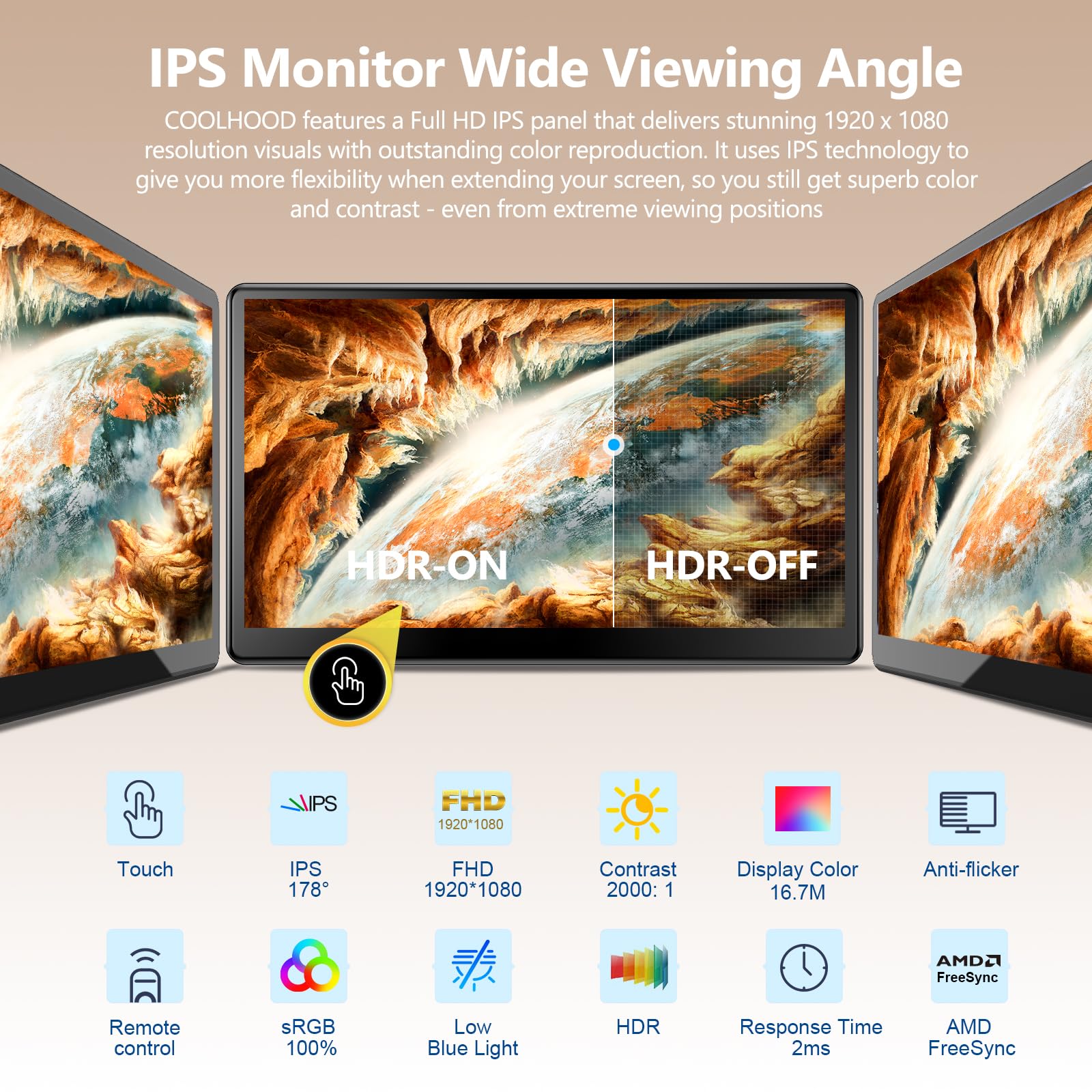 COOLHOOD 15.6 Inch Portable Touchscreen Monitor - 1080P Full HD IPS Display with VGA HDMI DVI Ports, VESA Compatible for Laptop, XBOX, PS4/5, Nintendo Switch - Perfect for Gaming, Office Work & Travel