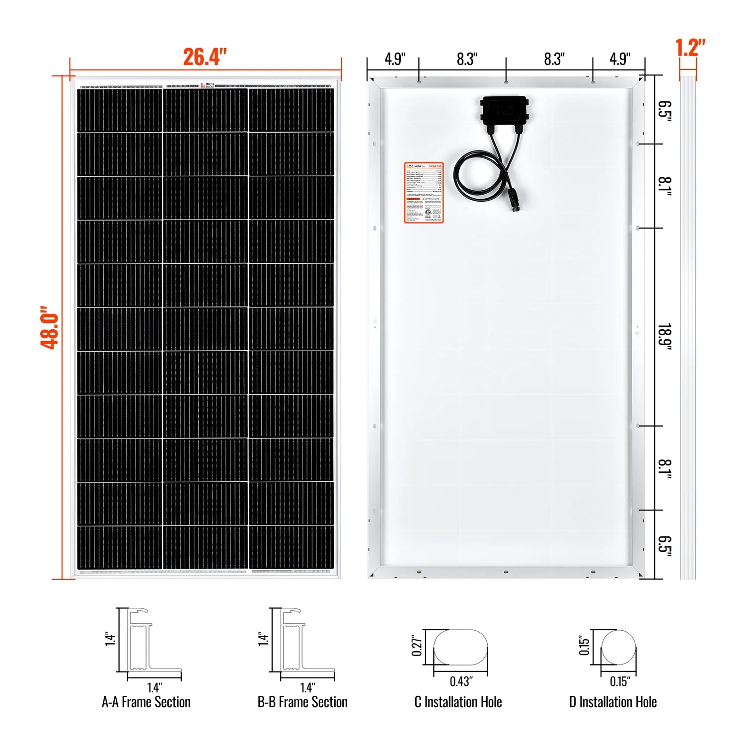 Rich Solar MEGA 150 Watt Monocrystalline Solar Panel - High Efficiency Portable Solar Panel for RV, Boat, Off-Grid & Home Use | Weather Resistant Solar Charger for Camping, Emergency Power & Outdoor Adventures