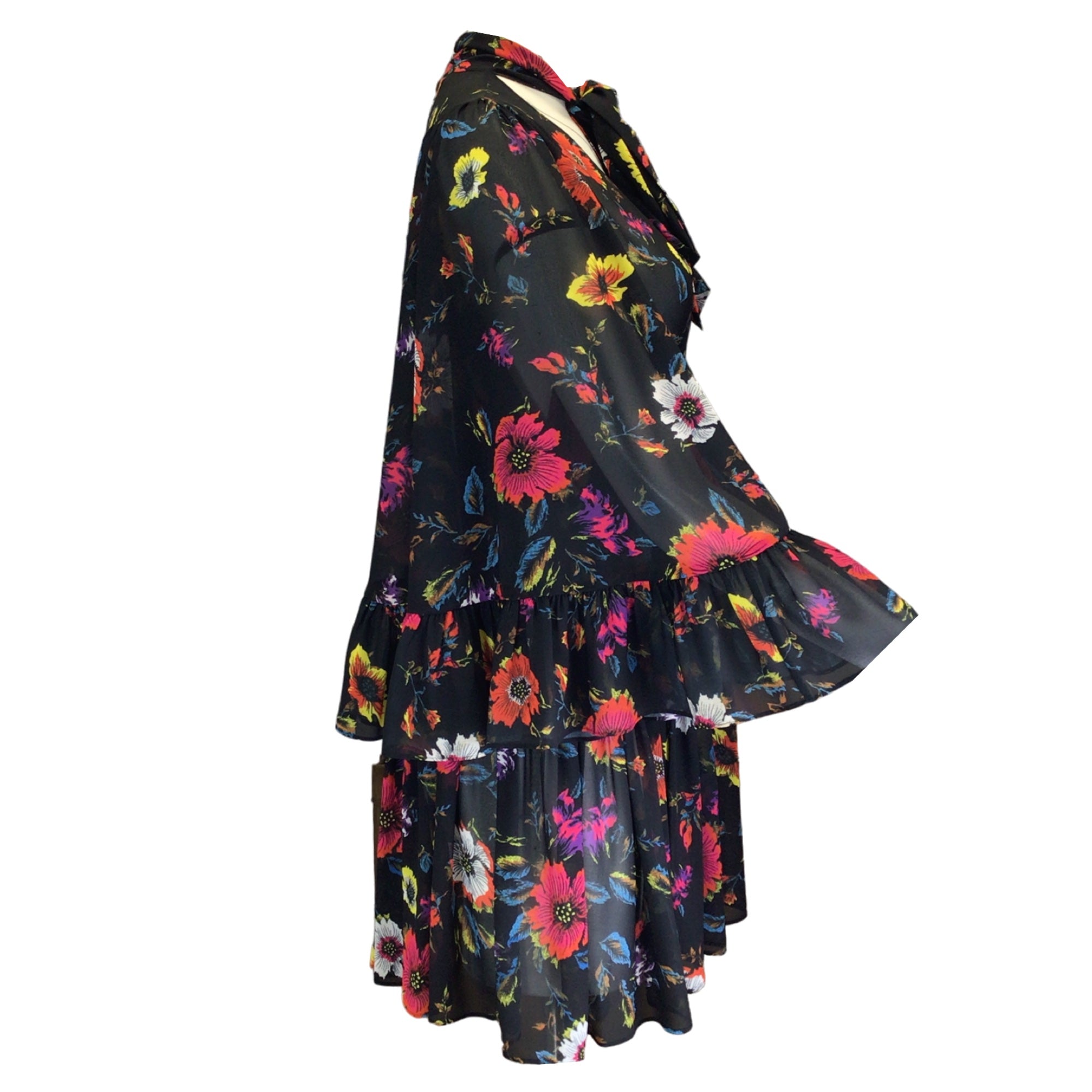 McQ by Alexander McQueen Black Multi Floral Printed Tie Neck Ruffled Silk Dress for Women | Elegant Evening Gown for Parties, Weddings & Special Occasions