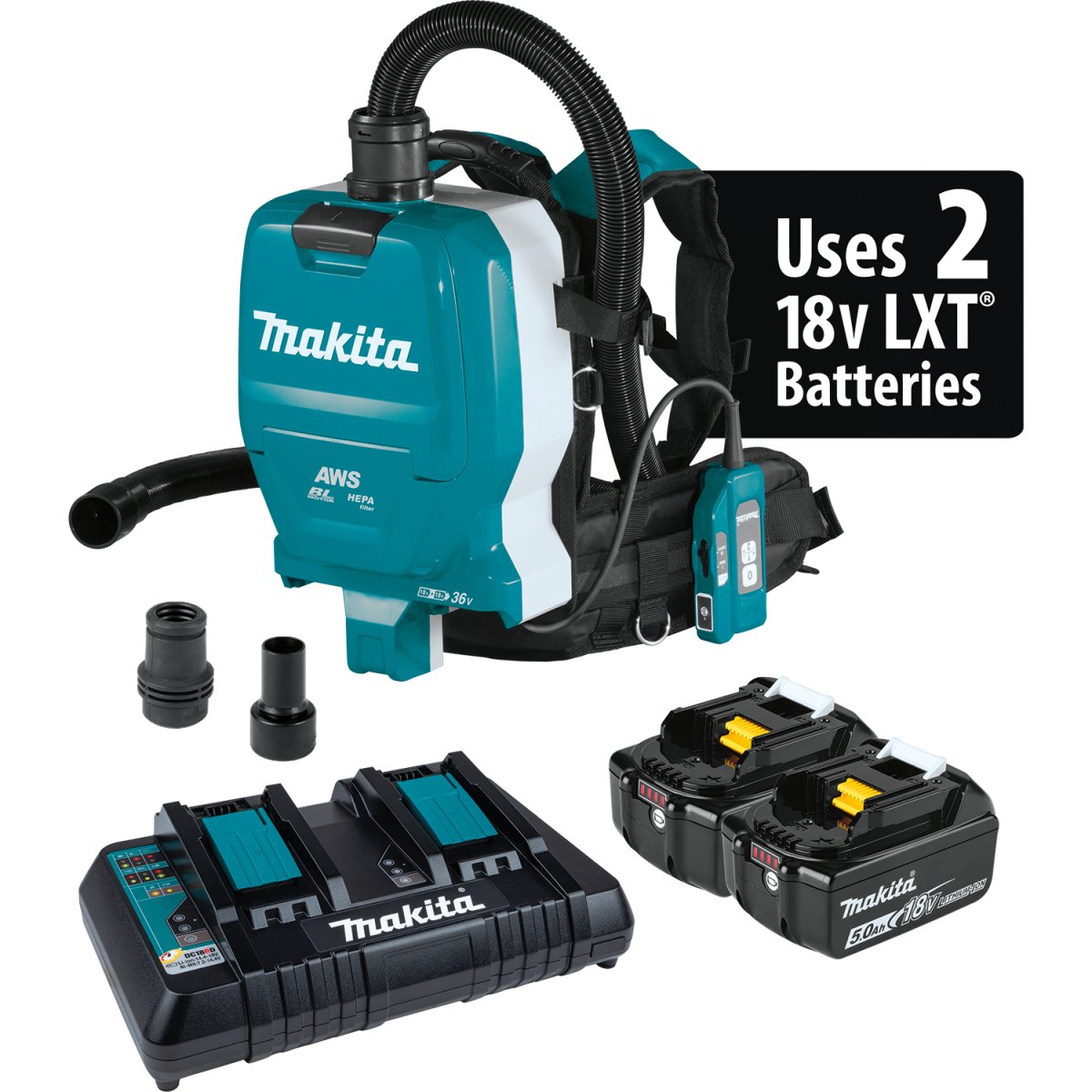 36V (18V X2) LXT® Brushless Cordless 1/2 Gallon HEPA Filter Backpack Dry Dust Extractor - AWS® Compatible (5.0Ah) - Perfect for Construction, Woodworking & Renovation Dust Control