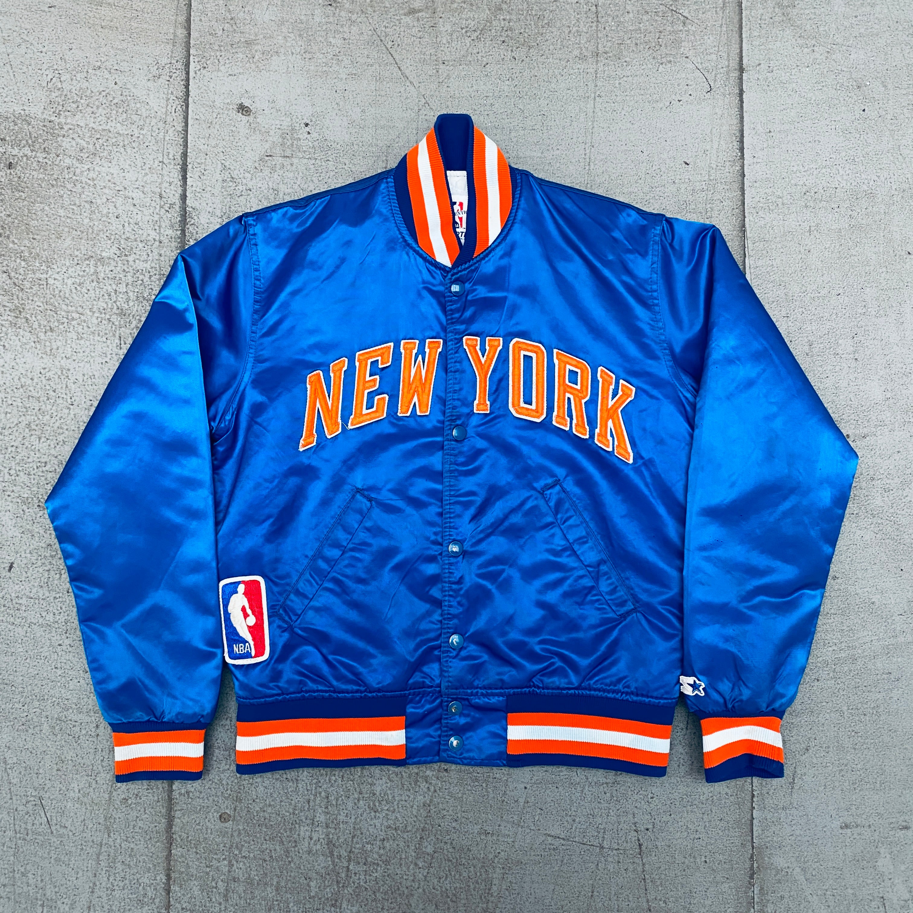 Vintage 1980s New York Knicks NBA Authentic Satin Starter Bomber Jacket - Men's Small Size - Perfect for Basketball Games, Retro Fashion & 80s Themed Parties