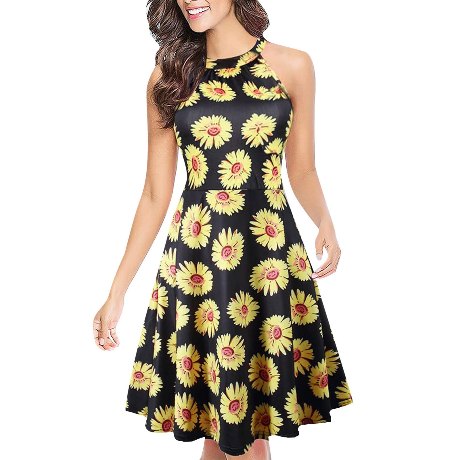 Women's White Summer Dresses - Sleeveless Casual Halter Print Loose Mini Dress for Beach, Vacation & Outdoor Parties | Fashionable & Comfortable