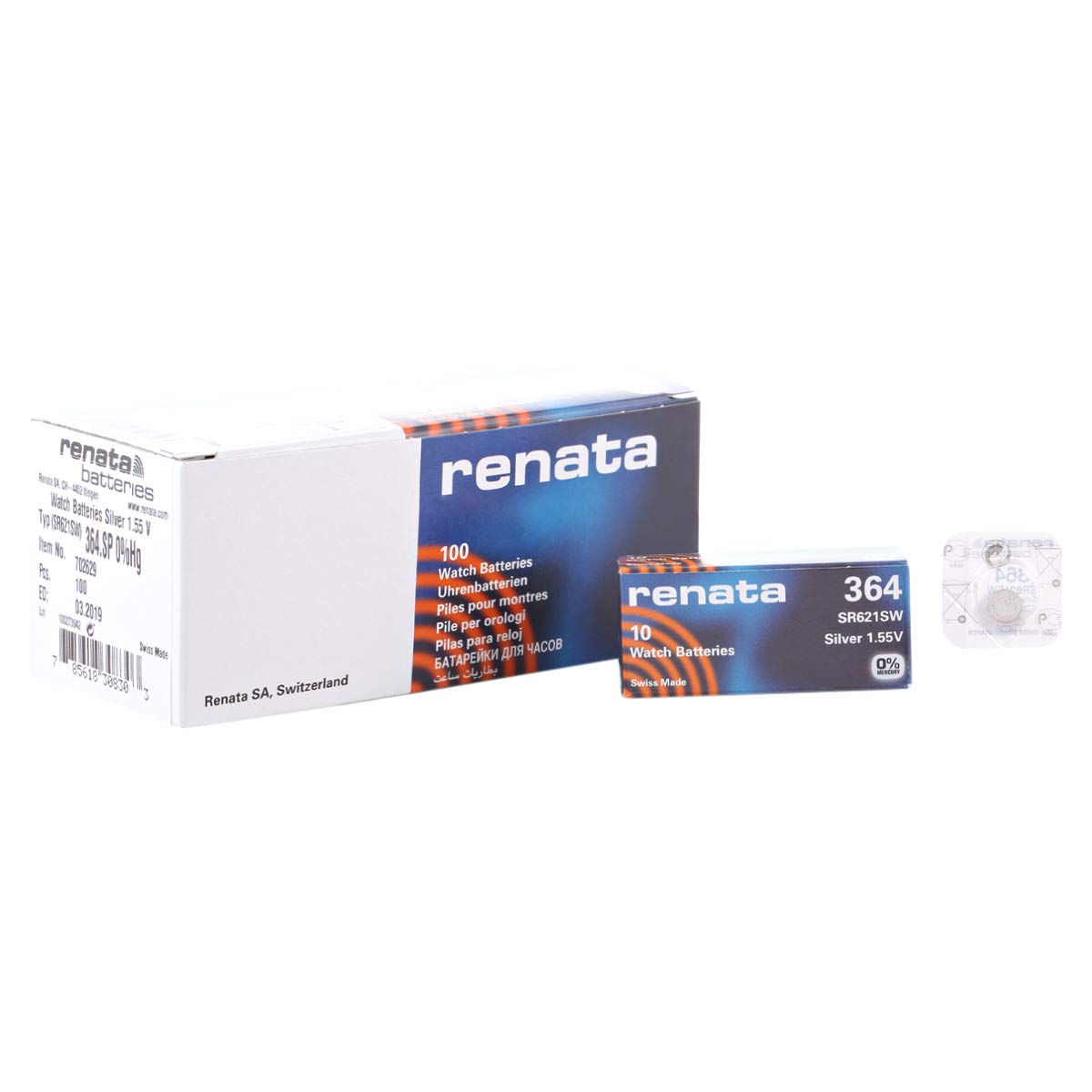 Renata 10-Pack Genuine Swiss Made SR621SW 364 Silver Oxide 1.55V Watch Batteries - Perfect for Watches, Calculators & Small Electronics