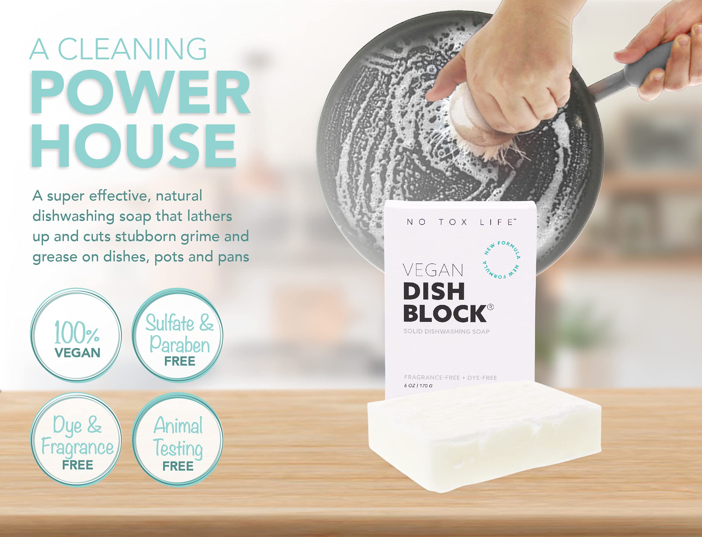 NO TOX LIFE Vegan Dish Block – Biodegradable Solid Soap for Pots & Pans – 2 Pack, Kitchen Cleaning