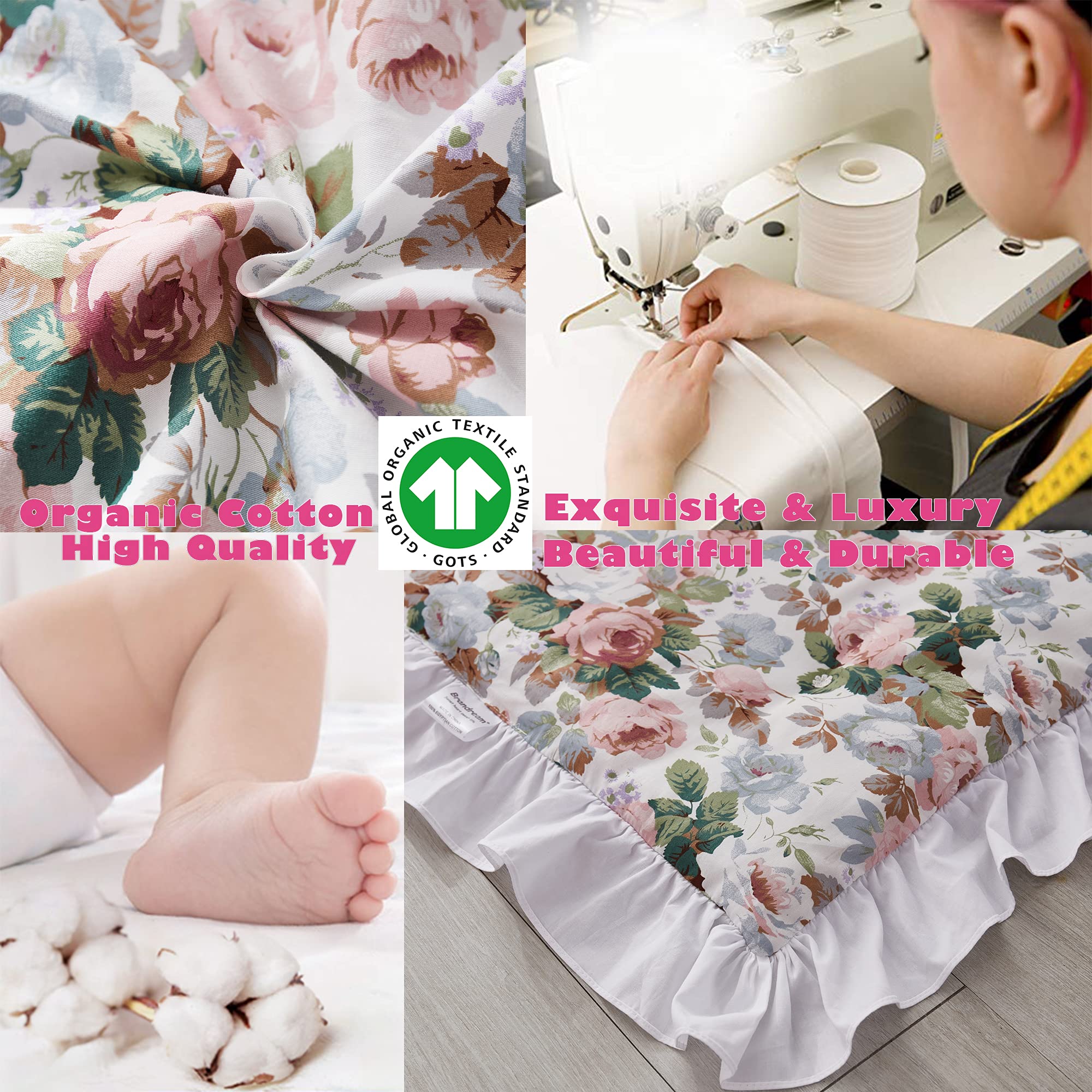 Brandream French Country Garden Floral 3-Piece Baby Crib Bedding Set - Ruffled Quilt, Fitted Sheet & Skirt in White, Blush Pink & Green | Perfect for Girls Nursery Decor & Baby Shower Gifts