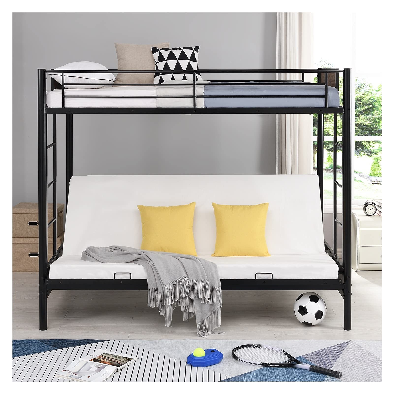 LSHIRT Stability Rustic Twin Over Full Metal Bunk Bed with Convertible Twin Over Futon - Easy Assembly (Black) - Perfect for Kids' Rooms, Guest Rooms & Small Spaces