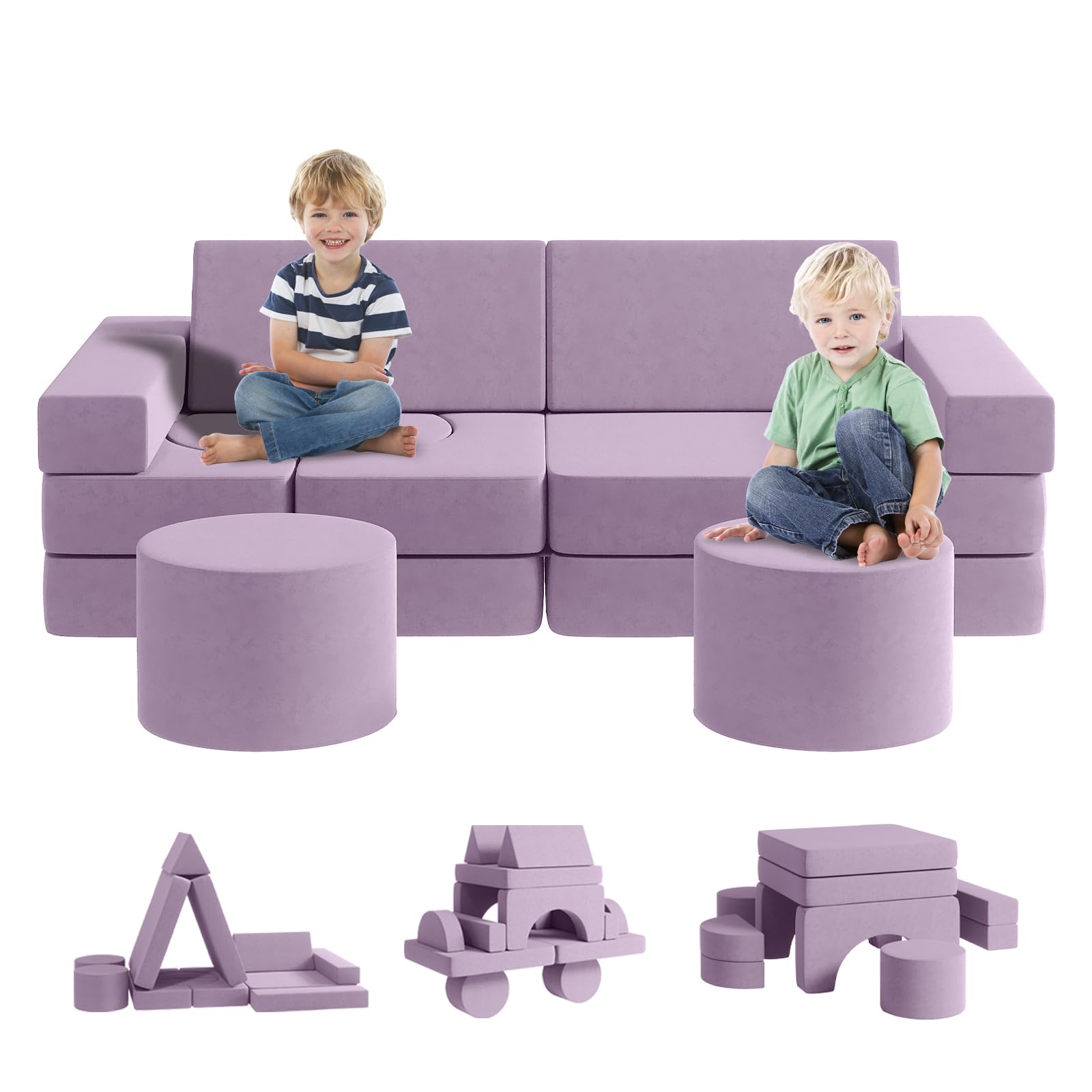 13-Piece Modular Kids Play Couch with 2 Ottomans - Foldable Playroom & Bedroom Sofa for Boys & Girls - Blueberry (Large) - Perfect for Indoor Play, Reading Nook & Sleepovers
