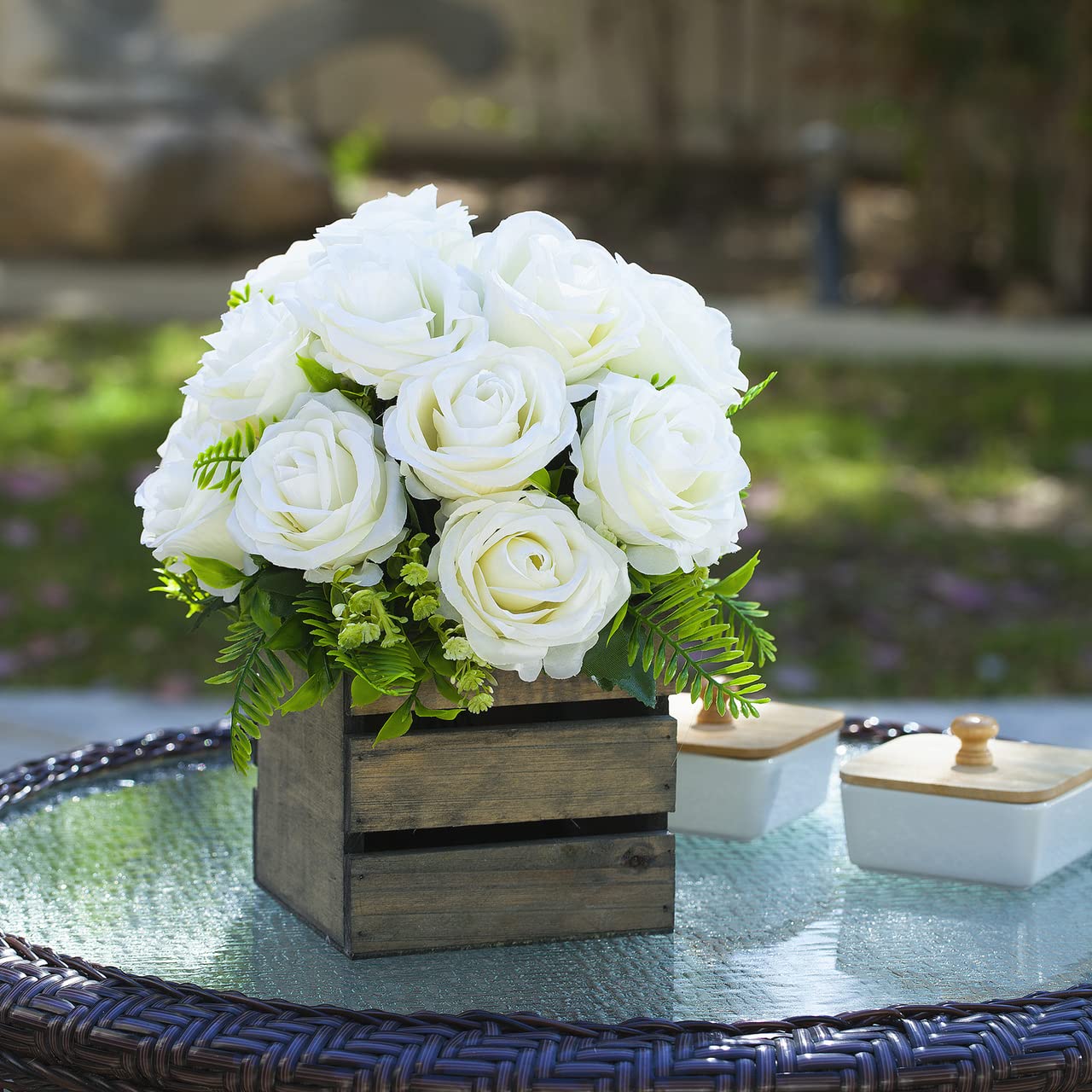 ENOVA FLORAL 7 Large Stems White Artificial Roses - Realistic Fake Flowers for Wedding Centerpieces, Home Decor, Party Arrangements & Tabletop Displays (White)