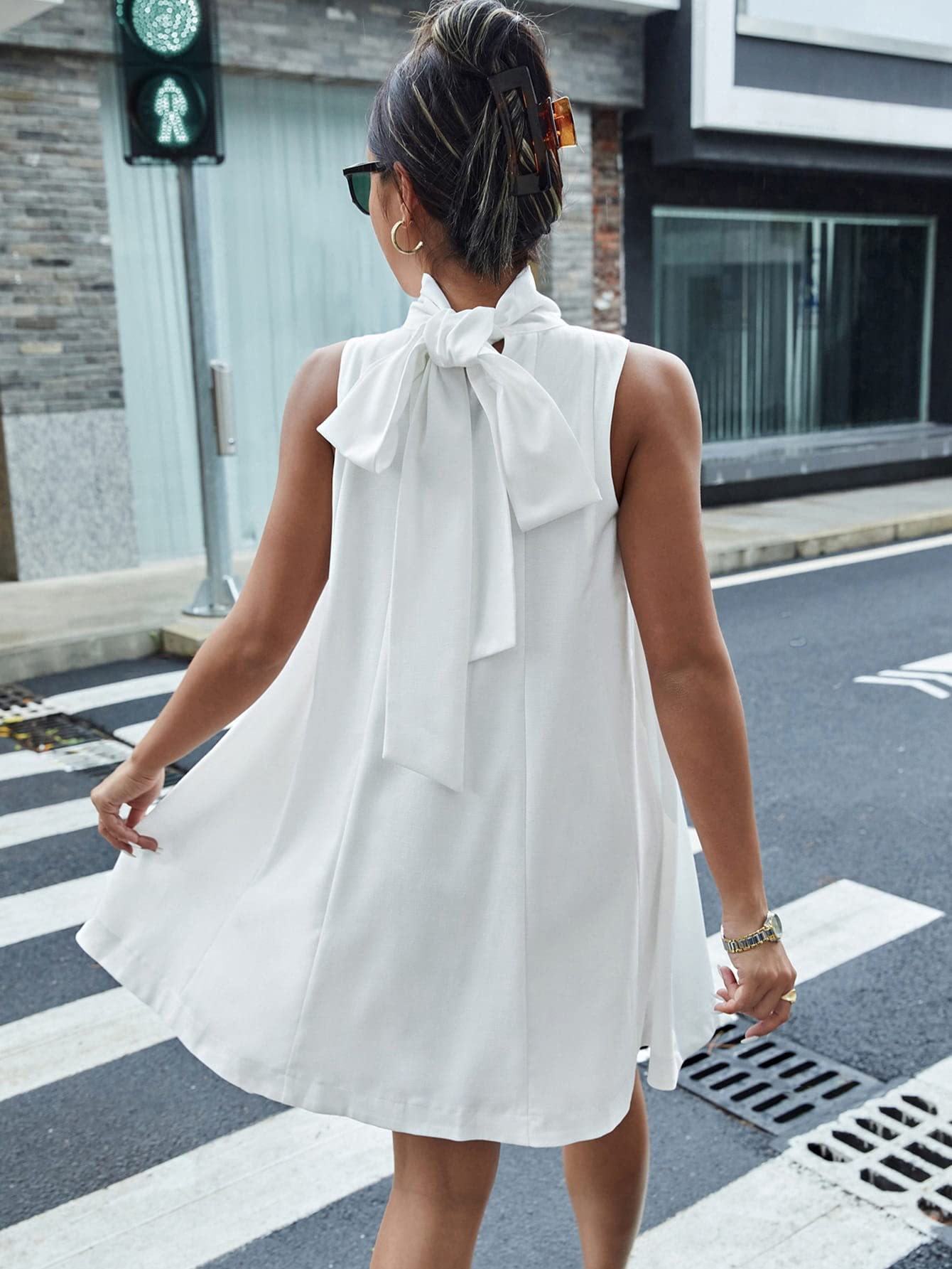 Women's Summer Dresses 2023 - High Neck Tie Back Tank Dress in White (Large) | Casual Beachwear & Vacation Outfit