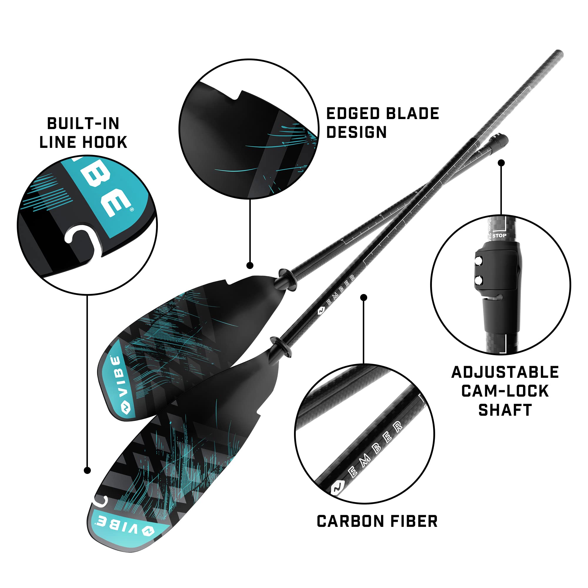 Vibe Ember Kayak Angler Fishing Paddle - Lightweight Carbon Fiber Shaft & Fiberglass Blades - Adjustable 240-260cm - Built-in Retrieval Hook & Dock Pull - Perfect for Kayak Fishing, Camping & Water Sports