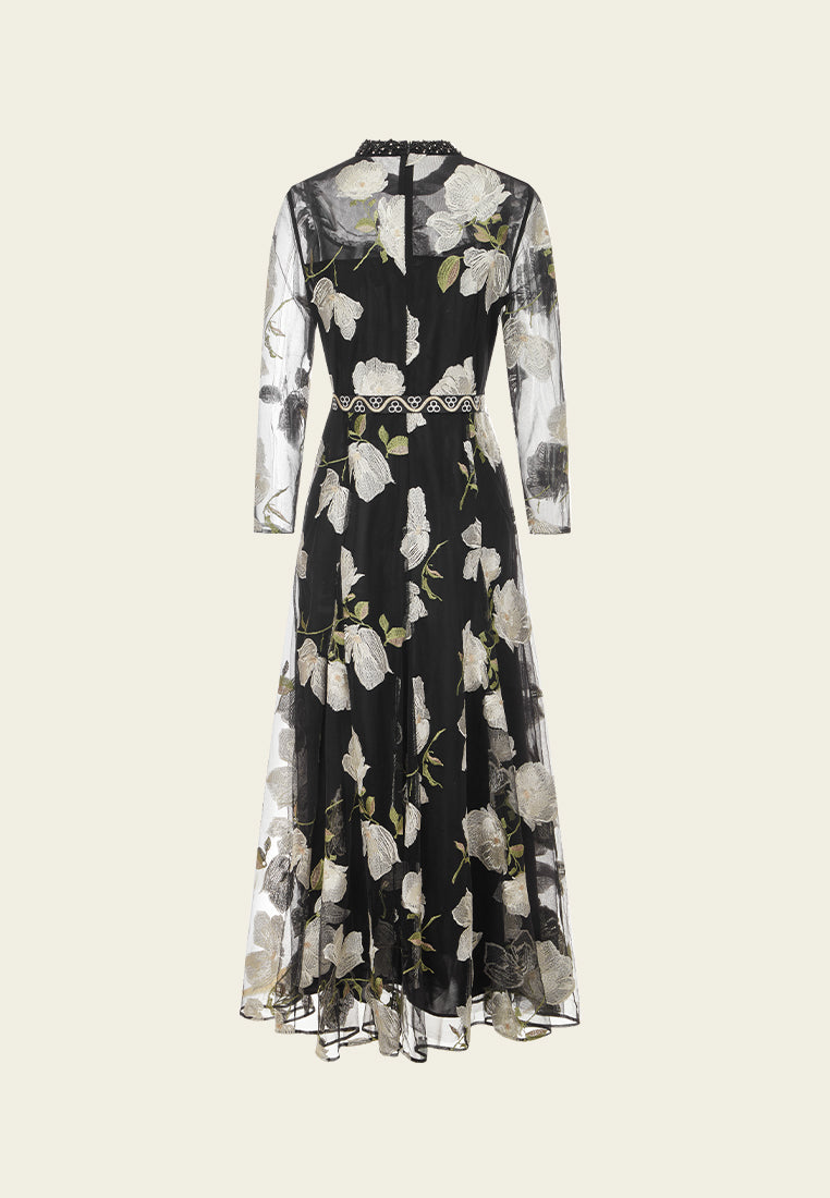 Elegant Embellished Mesh Dress with Embroidery Detail & Tie Belt - Perfect for Evening Parties, Weddings & Special Occasions