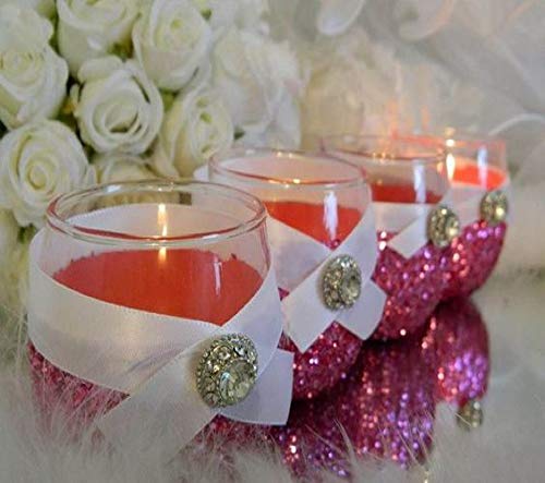 6 Hot Pink Fuchsia Glitter Candle Holders - Elegant Wedding Favors, Bridal & Baby Shower Centerpiece Decorations, Quinceanera Party Supplies - Perfect for Romantic Dinners, Table Settings and Special Occasions