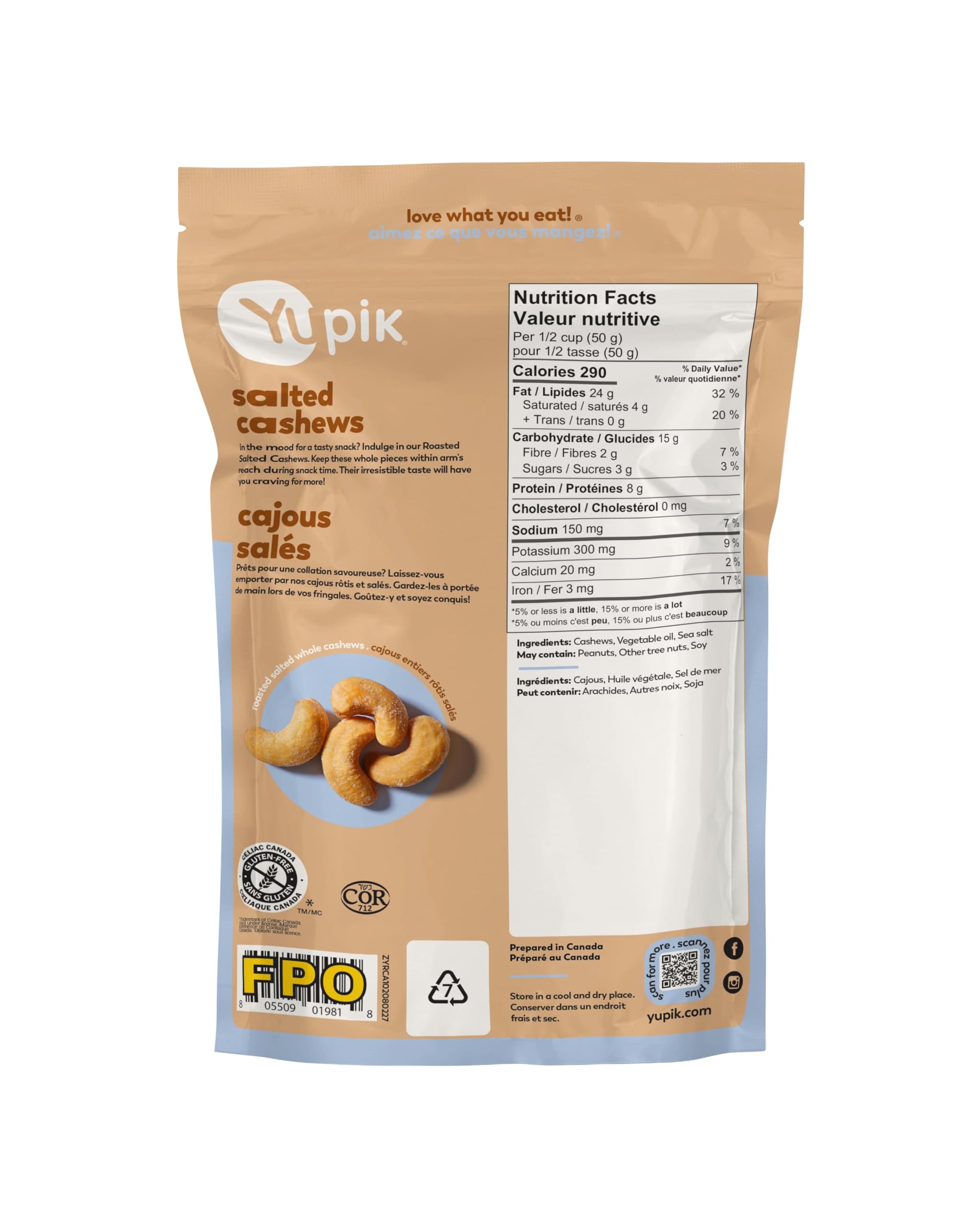 Yupik Roasted Salted Whole Cashews - 8oz Gluten-Free Kosher Nuts | Crunchy Sea Salt Cashew Snacks for Parties, Hiking & Healthy On-the-Go Nutrition