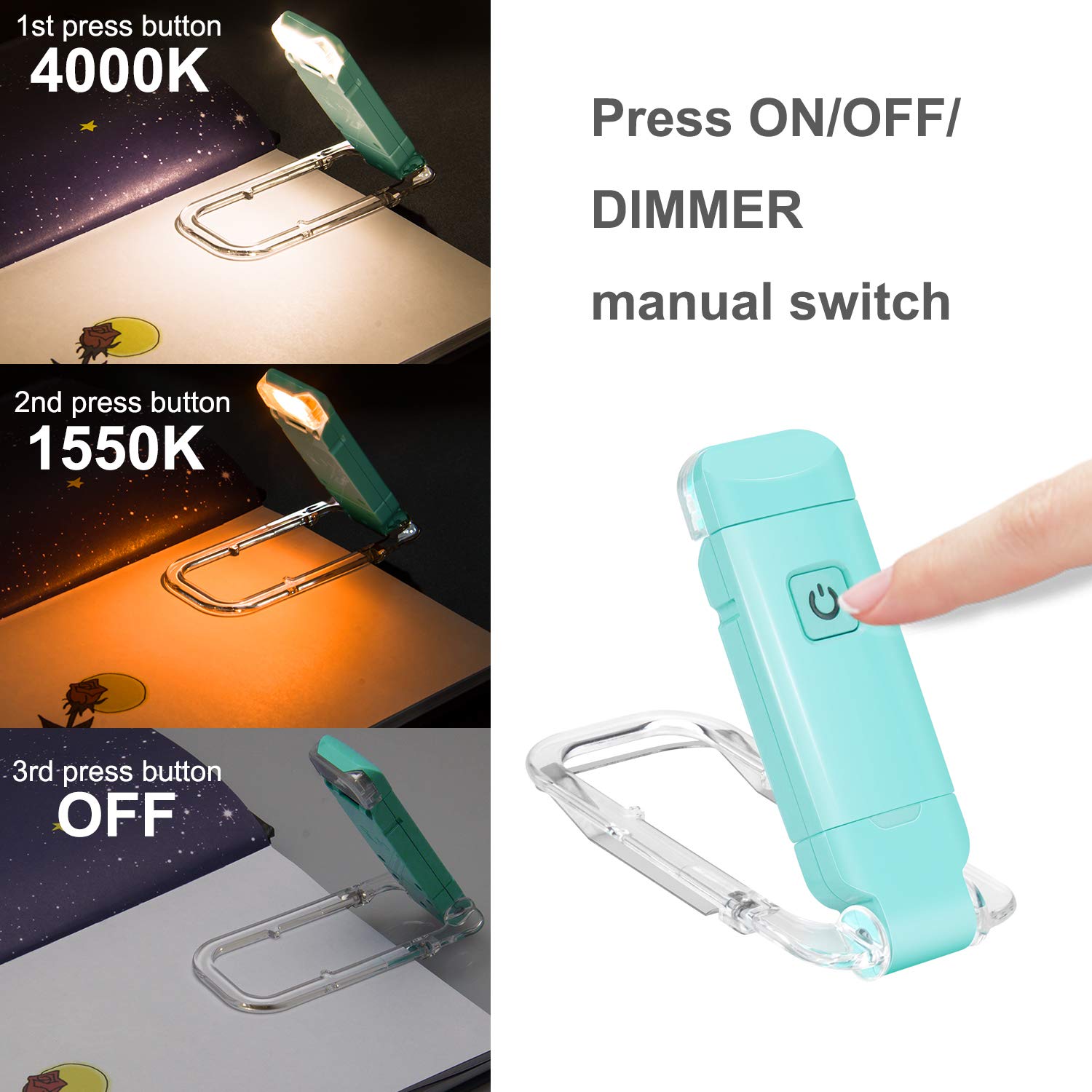 BIGLIGHT Amber LED Clip On Book Light - USB Rechargeable Reading Light with 2 Brightness Levels for Eye Protection - Perfect for Bedtime Reading, Kids Books, and Nighttime Study - Mint Green