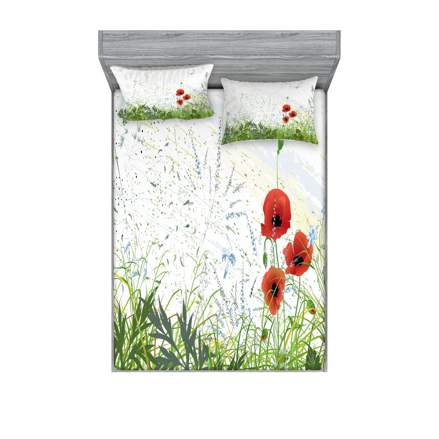 Ambesonne Floral 2-Pack Queen Size Fitted Sheet & Pillow Sham Set - Red Poppies Dragonfly Pattern, 4-Piece Bedding Decor (2 Fitted Sheets + 4 Pillow Covers) in Green & Red | Perfect for Guest Rooms, Vacation Homes & Bohemian Bedroom Decor