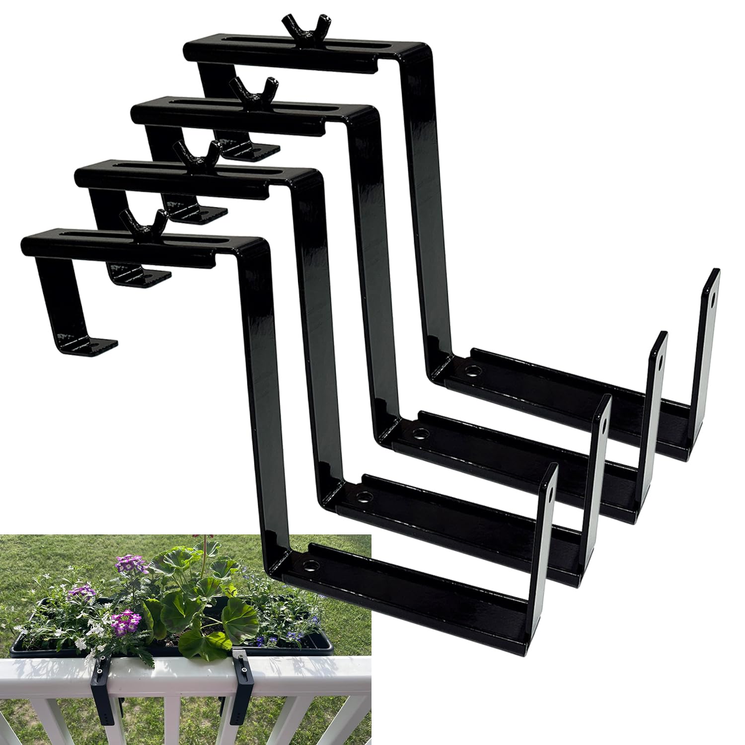 Adjustable Window Box Brackets - Heavy Duty Planter Box Hangers for Railings, Balconies, Fences & Gardens - 4 Pack Flower Box Supports (Ideal for Outdoor Decor & Small Space Gardening)