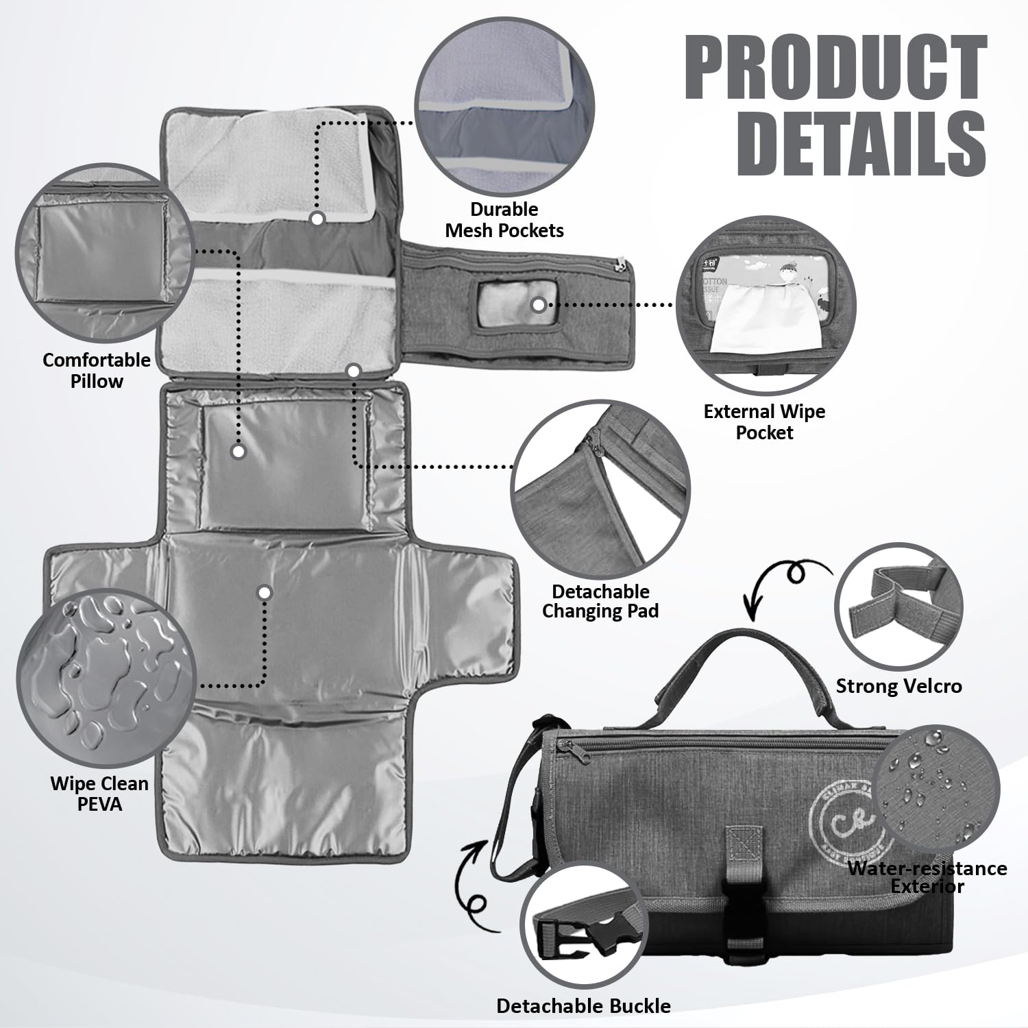 Portable Waterproof Diaper Changing Pad for Newborns - Travel Baby Changing Mat with Wipes Pocket for Boys & Girls (Gray) | Ideal for On-the-Go Parents, Daycare, and Traveling with Infants