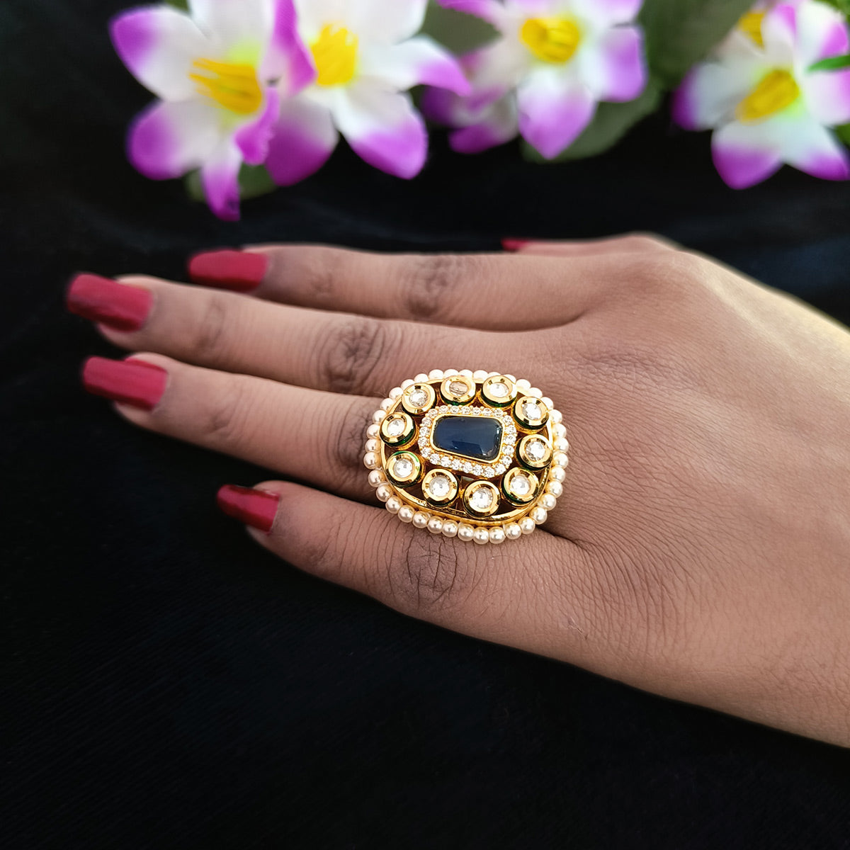 Exquisite Gold Plated Kundan Beaded Ring for Women | Handmade Indian Jewelry | Perfect for Weddings, Parties & Special Occasions