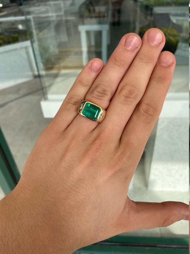 7.96 TCW The HULK Three Stone Emerald & Round Diamond Men's Signet Ring in 18K Gold - Luxury Statement Jewelry for Weddings, Gifts & Special Occasions