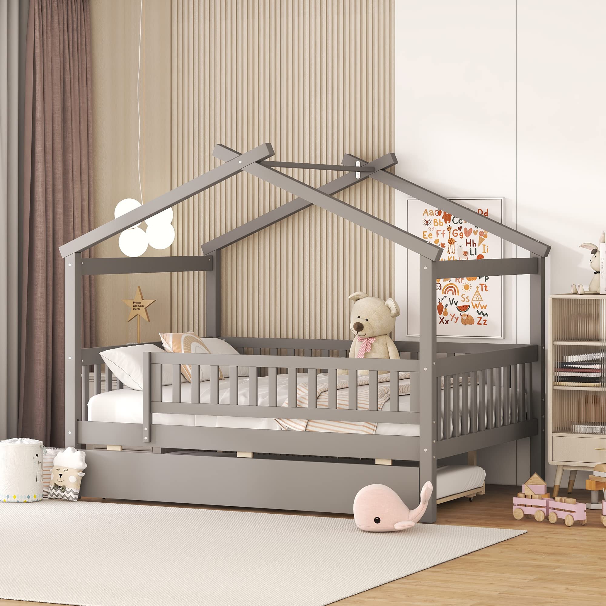 Harper & Bright Designs Full Size Wooden House Bed with Trundle - Kids Bed Frame with Roof & Fence Design for Boys & Girls (Gray) - Perfect for Bedrooms, Playrooms & Montessori Spaces