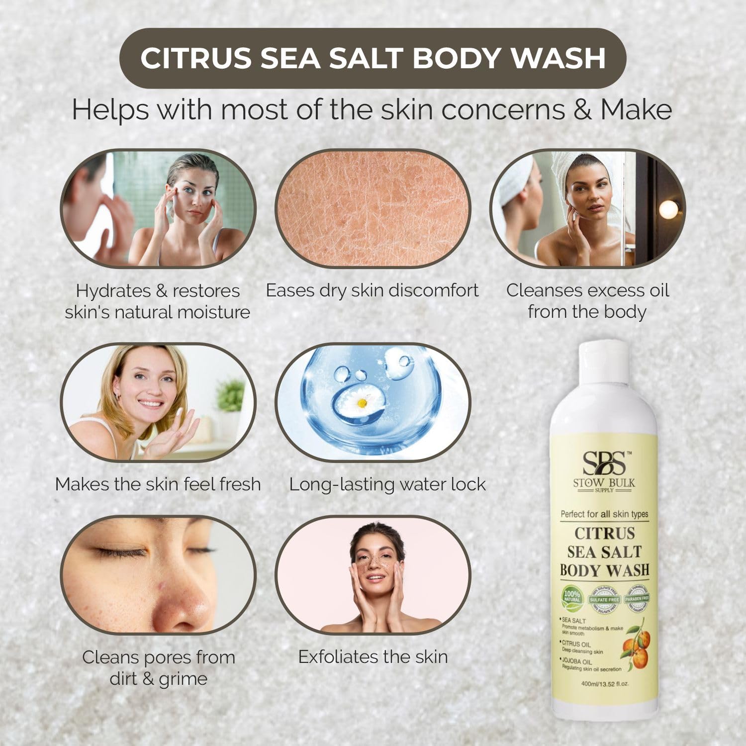 Stow Bulk Citrus Sea Salt Body Wash - 13.5 Fl Oz | Natural Exfoliating & Hydrating Shower Gel for Men & Women | Perfect for Dry Skin, Post-Workout & Spa Day