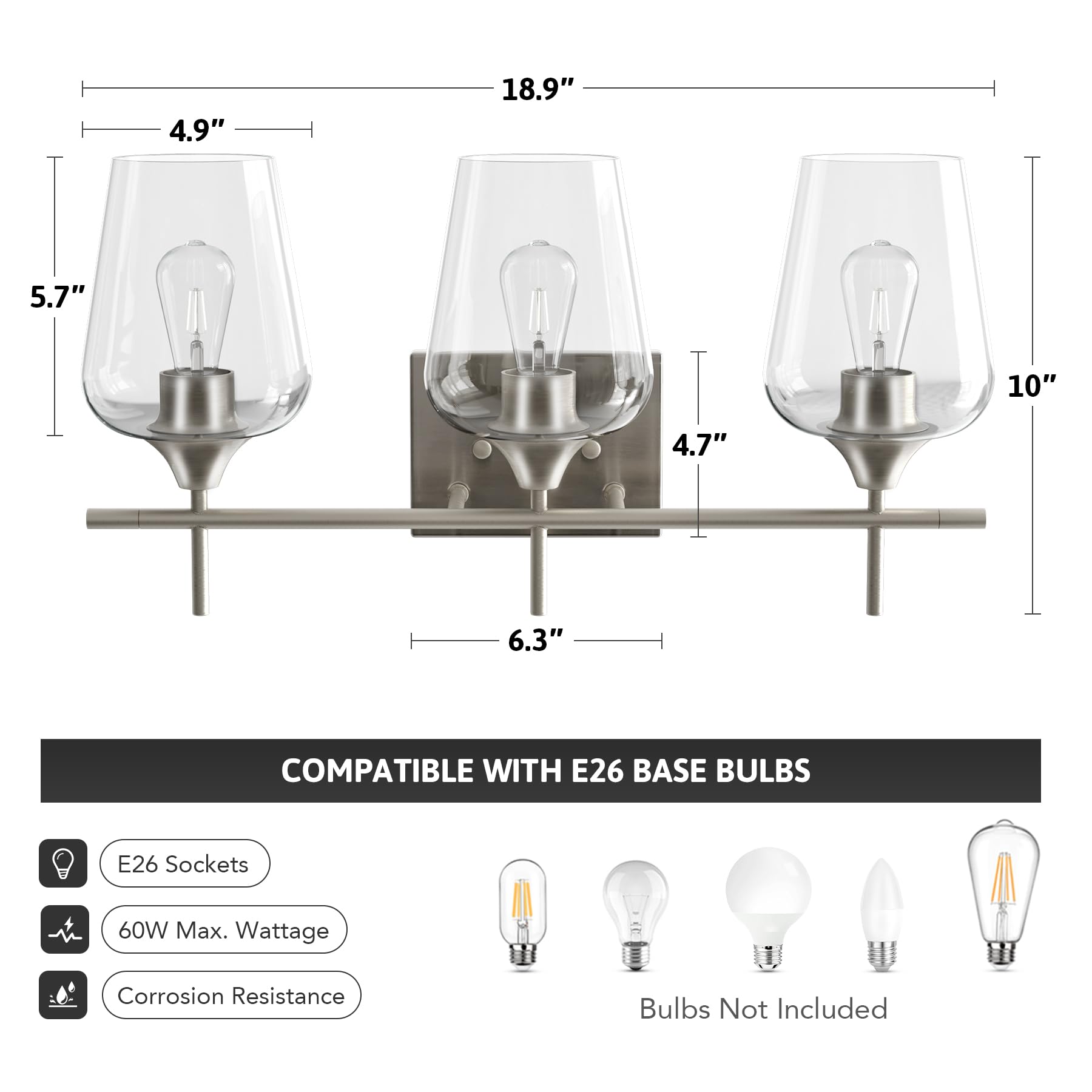 VONLUCE 3-Light Bathroom Vanity Light Fixture - Modern Brushed Nickel Wall Sconce with Clear Glass Shades for Mirror Lighting - Perfect for Bathroom, Bedroom, Hallway & Dressing Room Décor