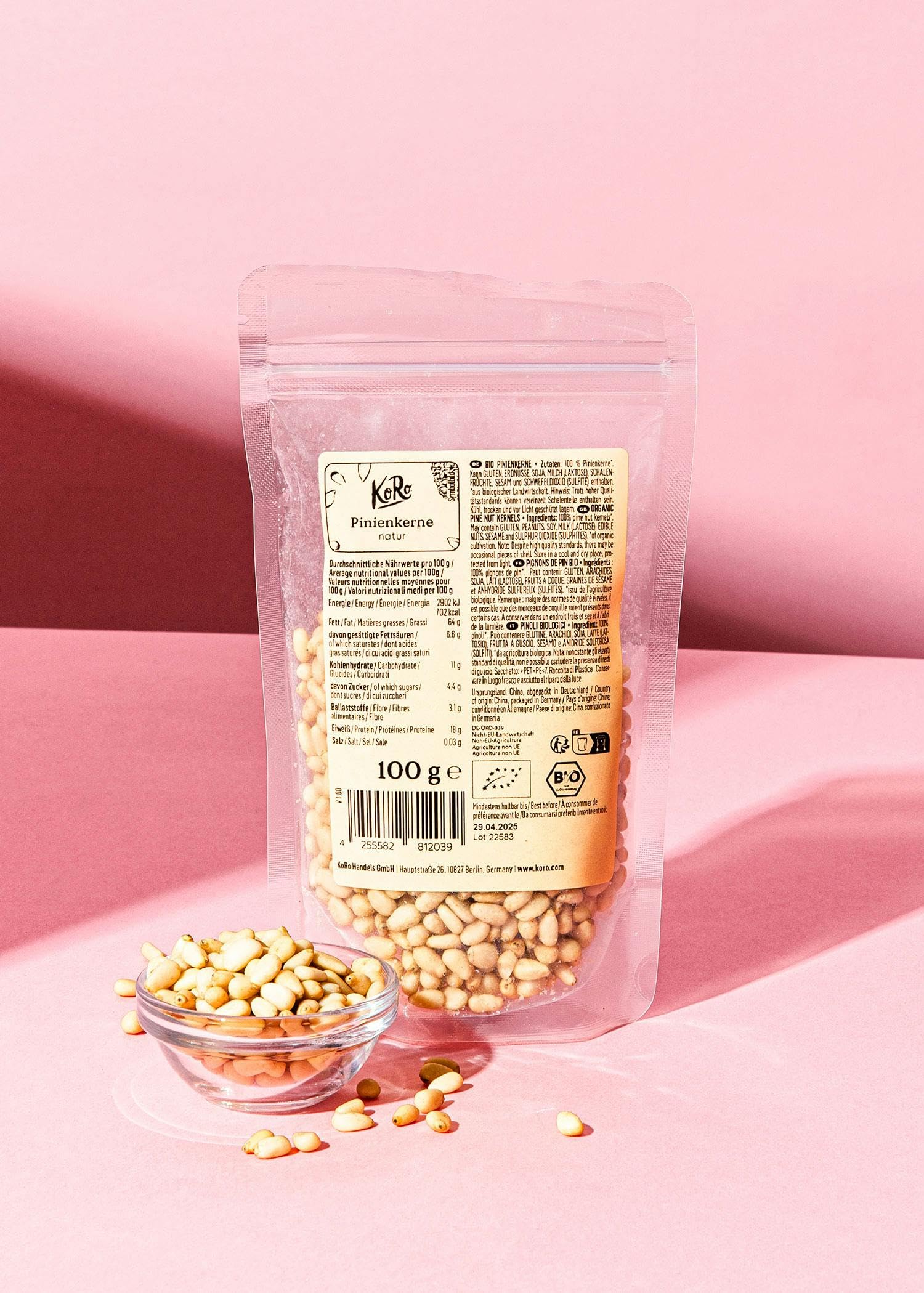 Organic Pine Nuts 100g by KoRo - Creamy Soft Raw Pine Kernels - No Preservatives, Non-GMO, Gluten-Free - Perfect for Pesto, Salads & Baking - USDA Certified Organic