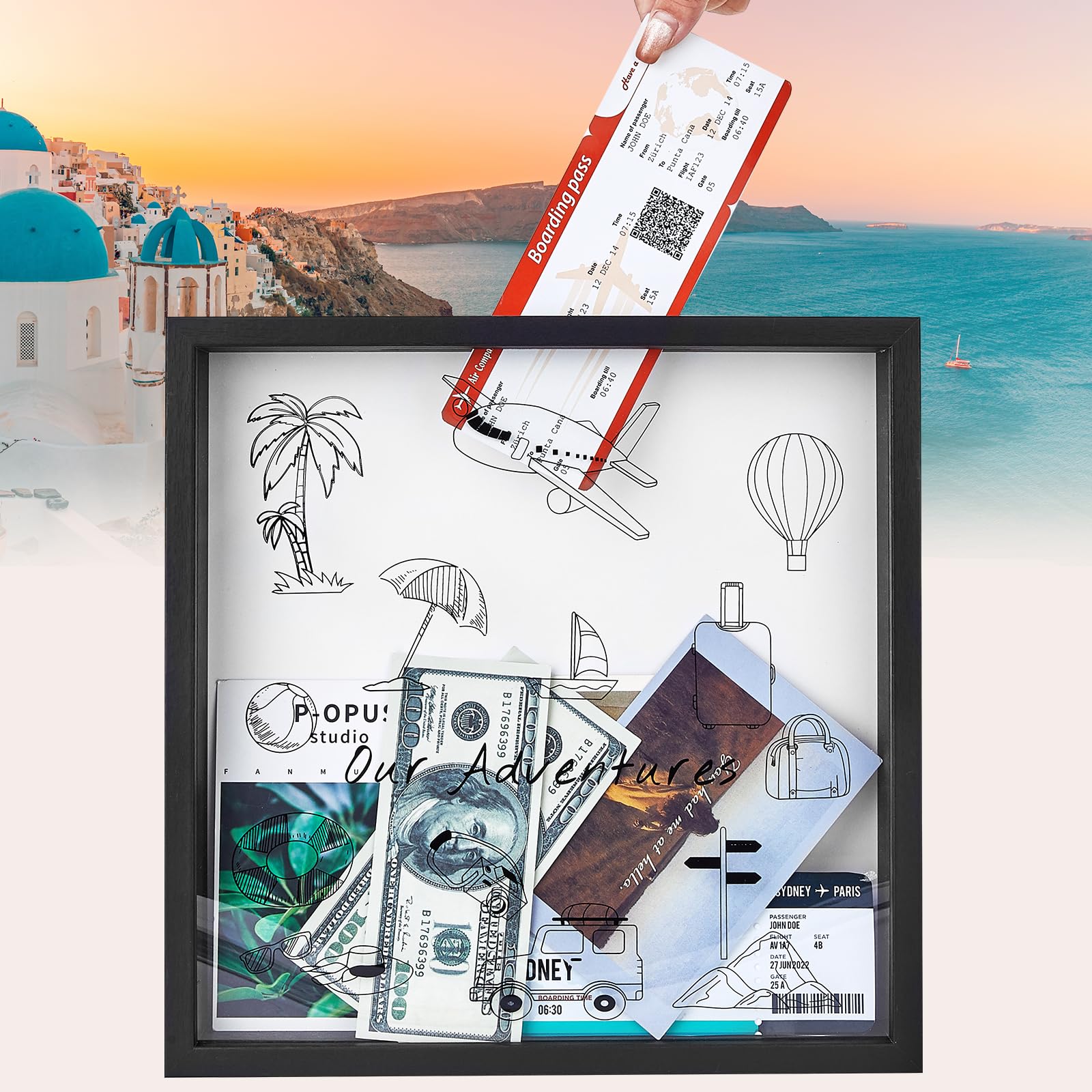 SPACEKEEPER 12x12 Inch Black Adventure Travel Shadow Box - Memory Keepsake Display Frame for Wedding Tickets, Photos & Travel Mementos - Perfect for Home Decor, Anniversary Gifts & Wall Display