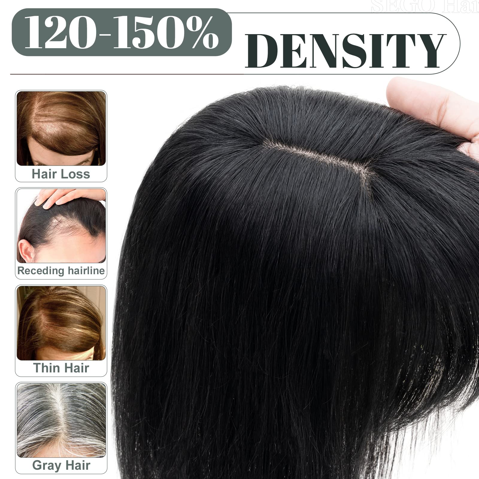 SEGO Clip-In Human Hair Toppers for Women - 14 Inch Straight with Bangs, 150% Density Silk Base, #1 Jet Black | Thinning Hair Solution for Daily Wear & Special Occasions