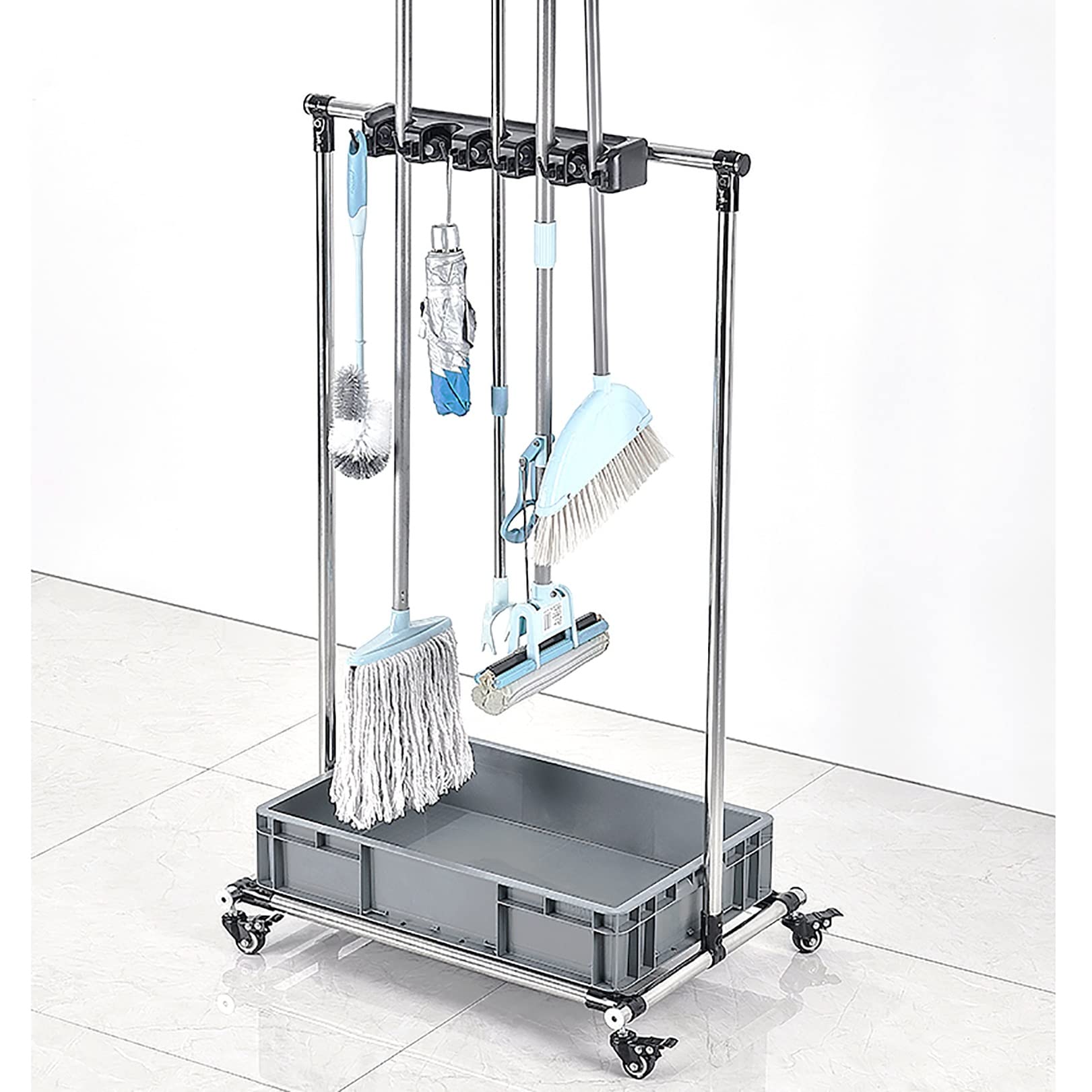 Adjustable Height Stainless Steel Broom & Mop Rack with Wheels - 6-Slot Durable Cleaning Cart for Garage, Hotel, School & Restaurant Storage | Space-Saving Mobile Tool Organizer for Easy Cleaning Access
