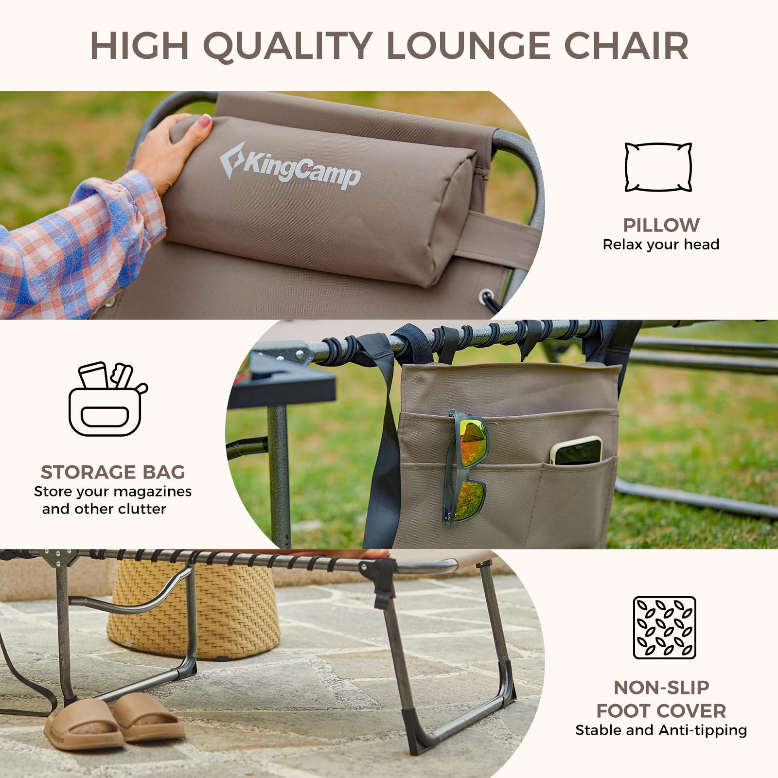 KingCamp Folding Chaise Lounge Chair - Portable Outdoor Recliner for Beach, Pool, Patio, Camping & Backyard Relaxation with Adjustable Backrest, Pillow & Side Table (Beige, 1 Pack) - Perfect for Sunbathing, Picnics, and Outdoor Lounging