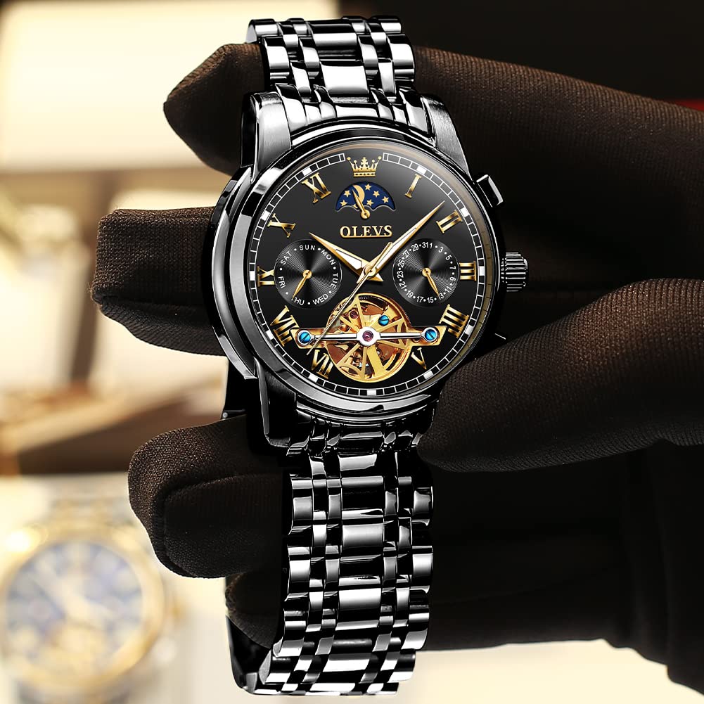 OLEVS Men's Automatic Mechanical Tourbillon Watch - Self-Winding Luxury Stainless Steel Waterproof Wristwatch with Luminous Hands & Date Display | Perfect for Business, Formal Events & Everyday Wear
