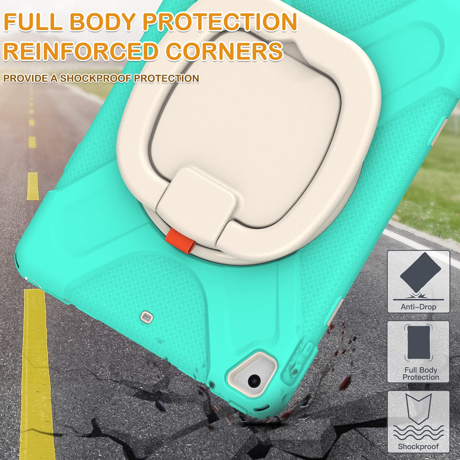 BRAECN 360° Rotating Protective Case for iPad 6th/5th Gen 9.7 Inch - Shockproof Full-Body Cover with Hand Grip, Pencil Holder, Kickstand & Shoulder Strap - Mint Green - Perfect for Work, Travel & School Use