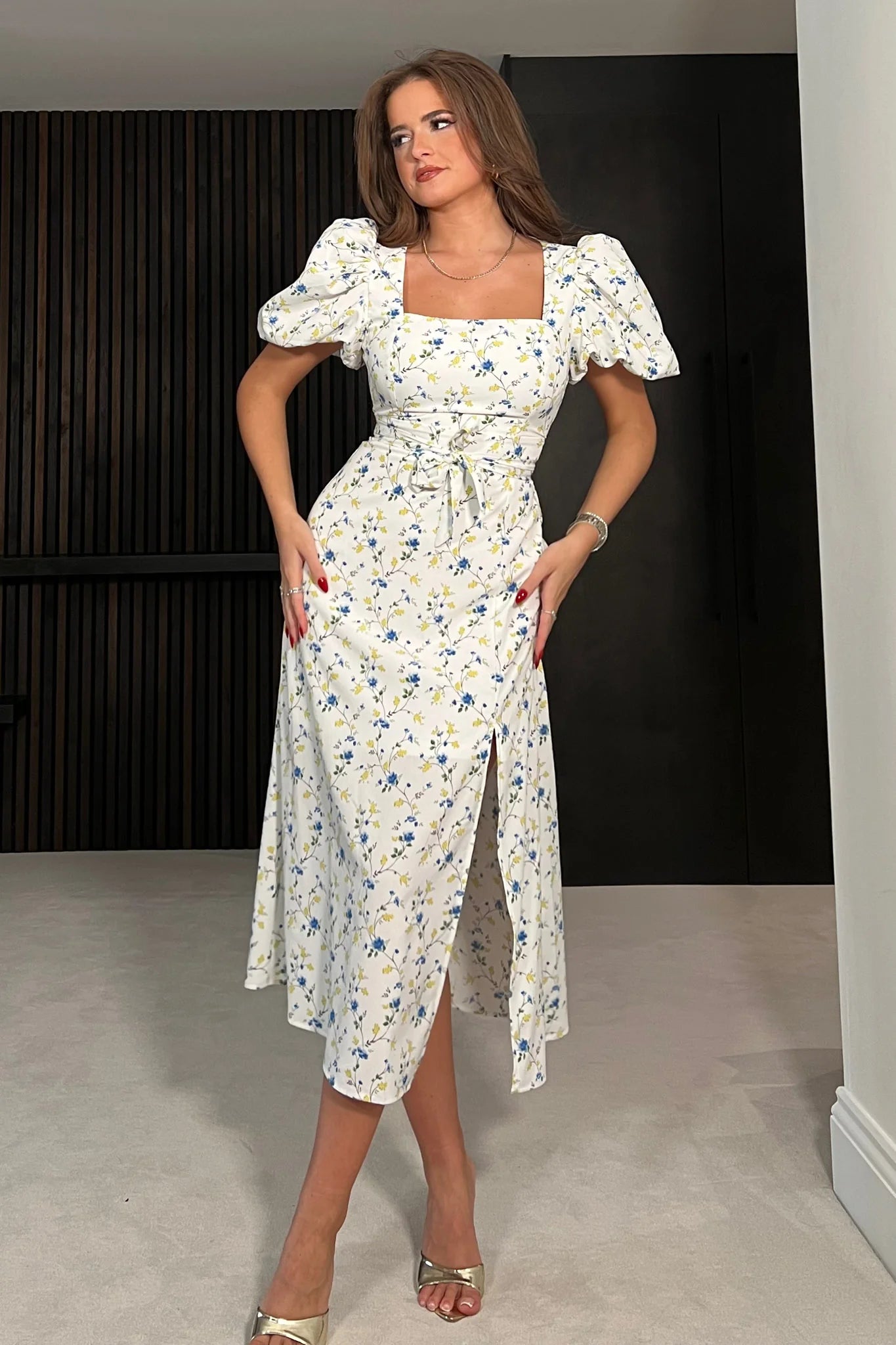 Meara Square Neck Midi Dress - Blue Floral Print Summer Dress for Women | Perfect for Beach Vacation, Garden Party & Date Night Outfits