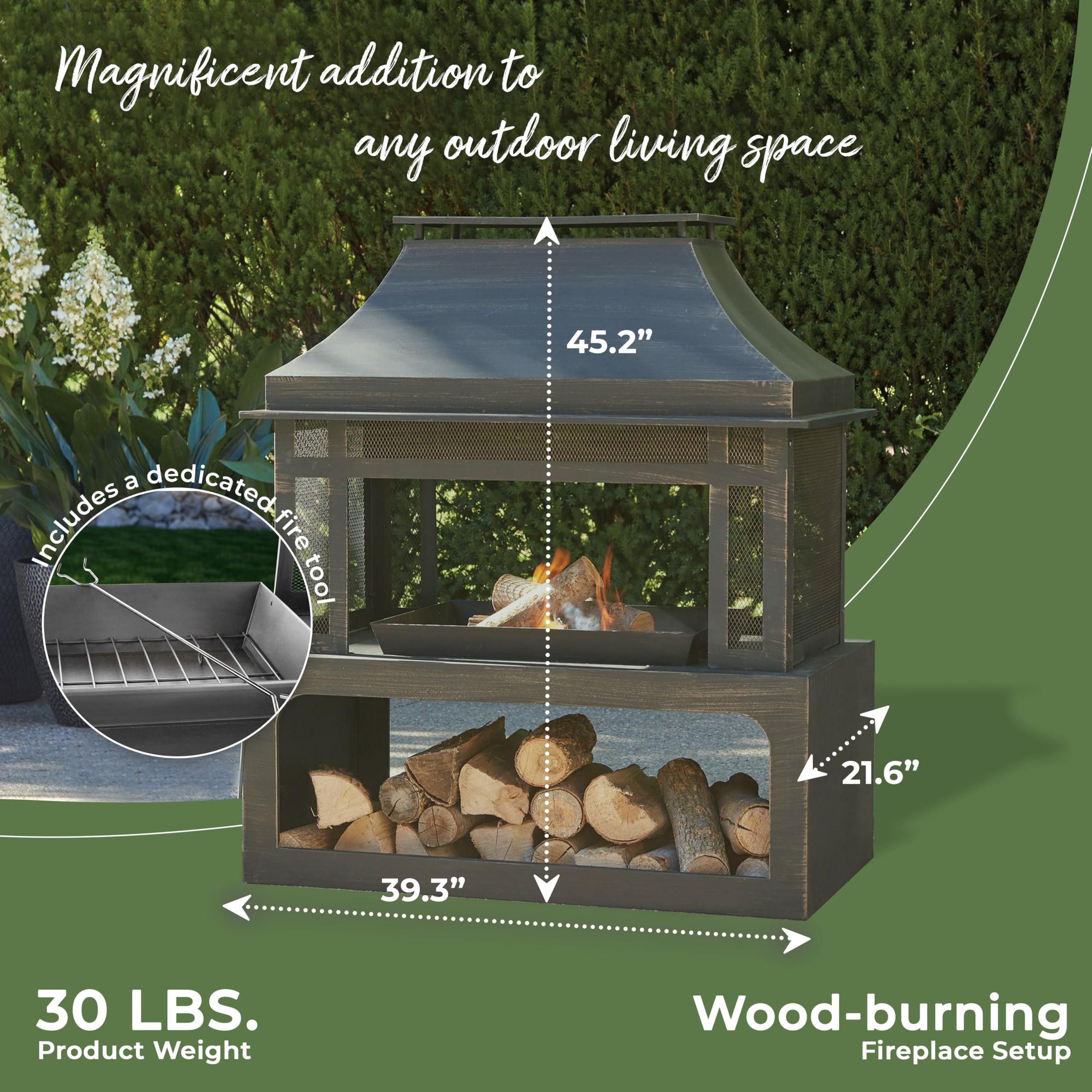 Black SRLF370 Wood Burning Fireplace with Log Rack & Tool Set - Classic Indoor/Outdoor Fireplace for Patio, Backyard, and Living Room Heating