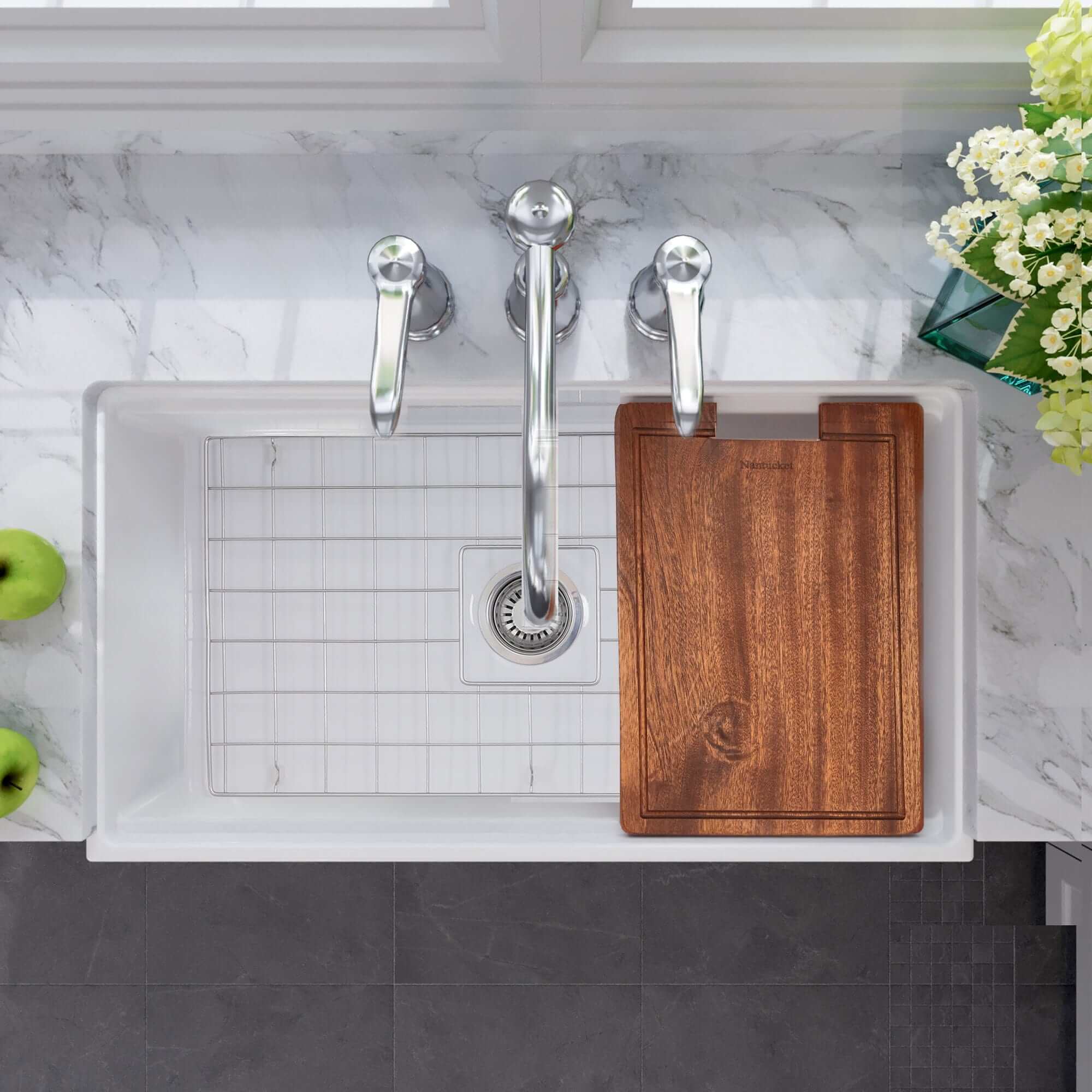 Nantucket Sinks 33 Workstation Fireclay Apron Sink with Accessories   T PS33W