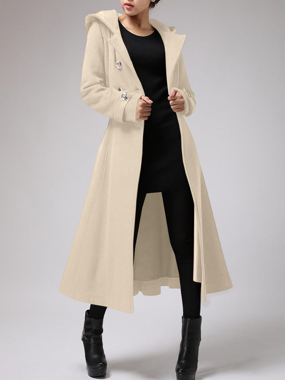 Cicy Bell Women's Long Double-Breasted Hooded Winter Coat - Warm Wool Trench Coat with Adjustable Belt for Cold Weather - Perfect for Office, Travel & Outdoor Activities
